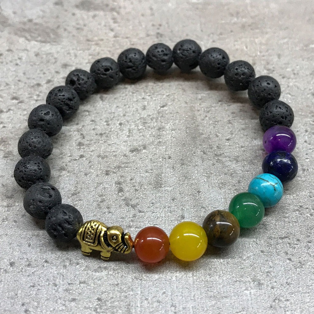Bracelet en Pierre de Lave – Éléphant & Chakras