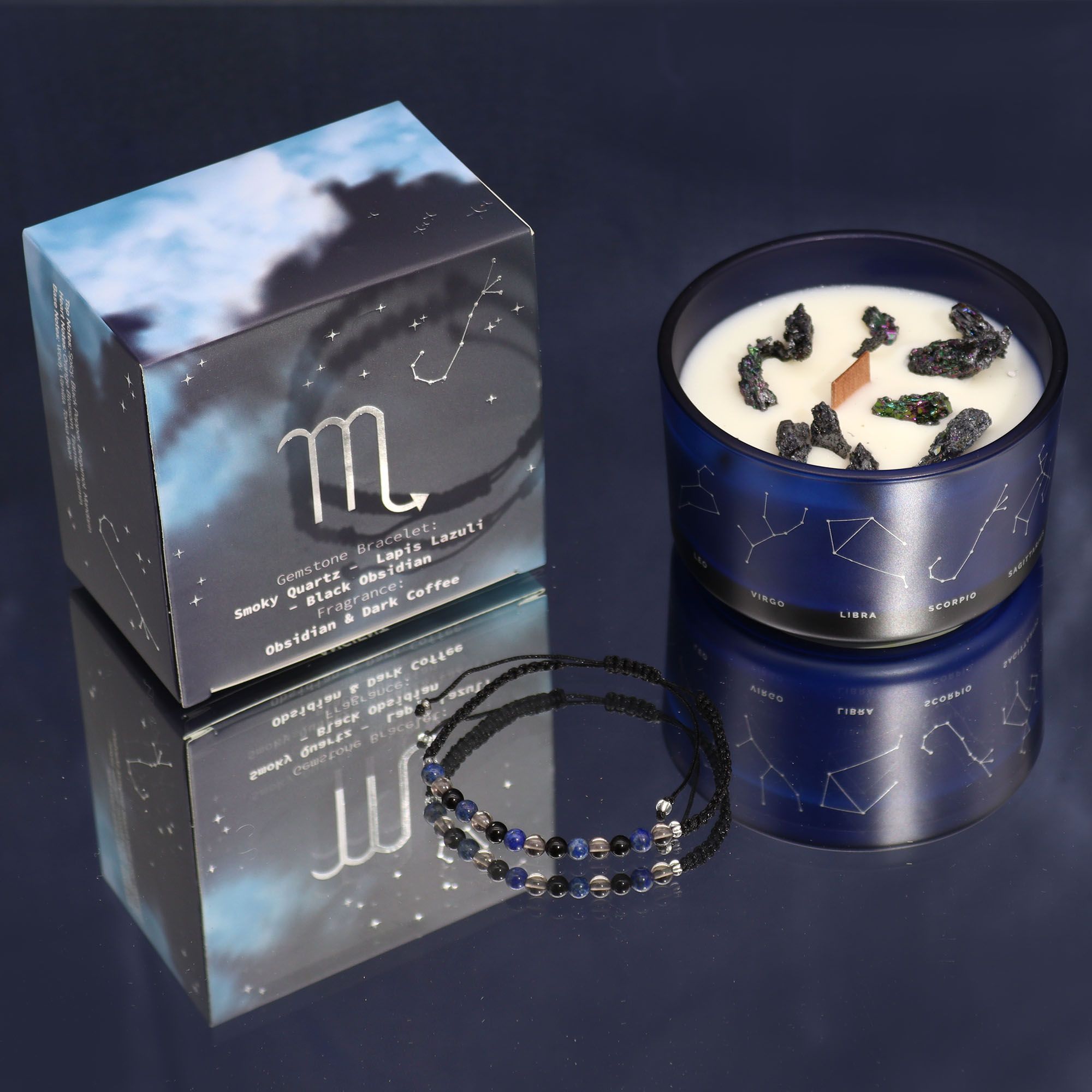 Coffret Zodiaque Scorpion – Bougie Cristal & Bracelet en Pierres – Quartz Fumé, Lapis-Lazuli & Obsidienne Noire
