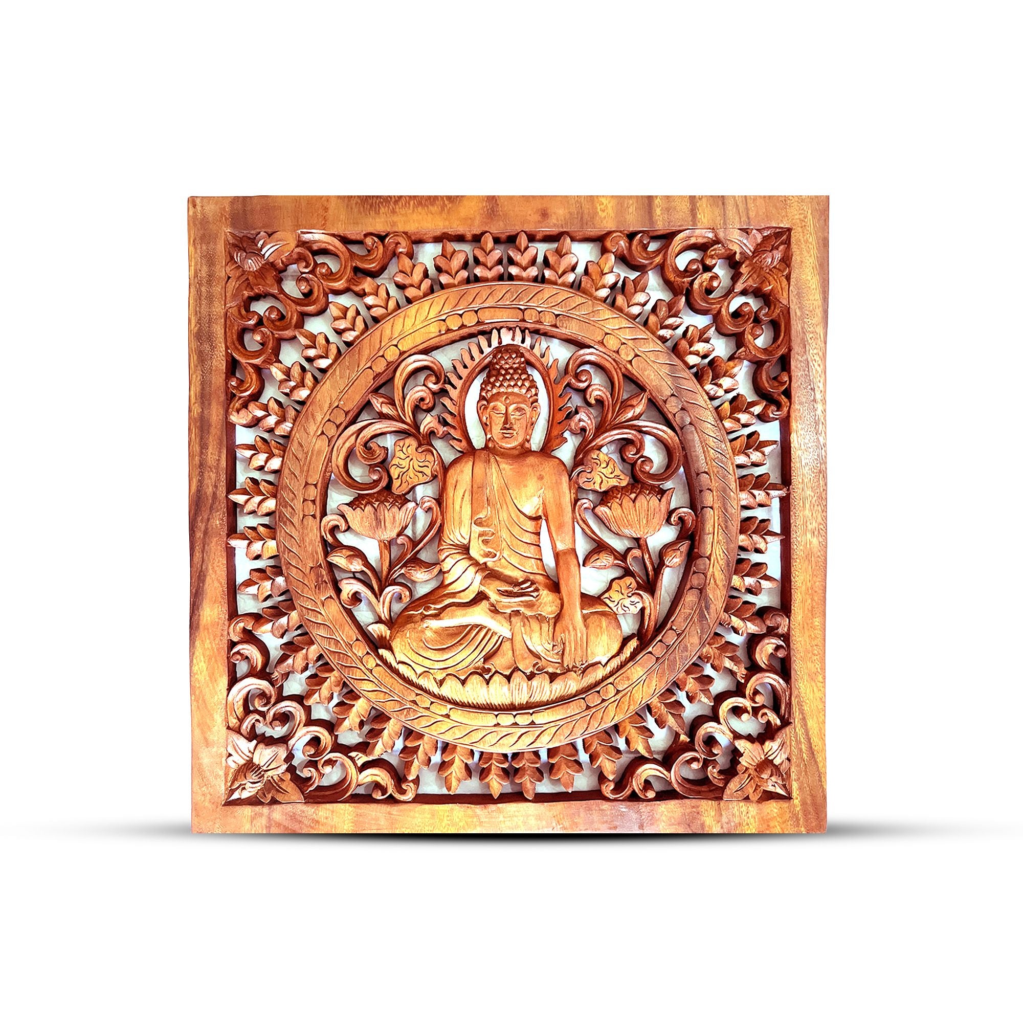 Panneau Mural Bois Sculpté – Bouddha – 40 x 40 cm