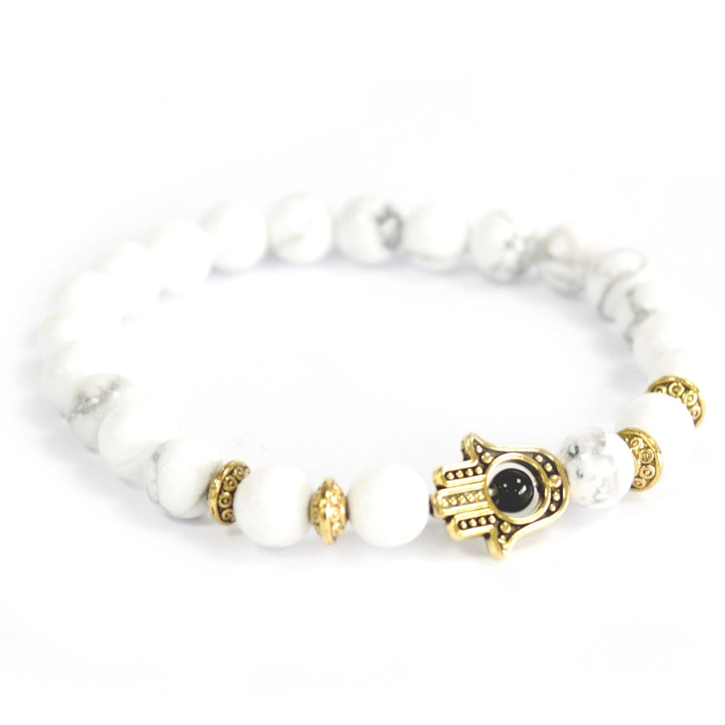 Bracelet Boho Bling – Hamsa Doré sur Pierre Blanche