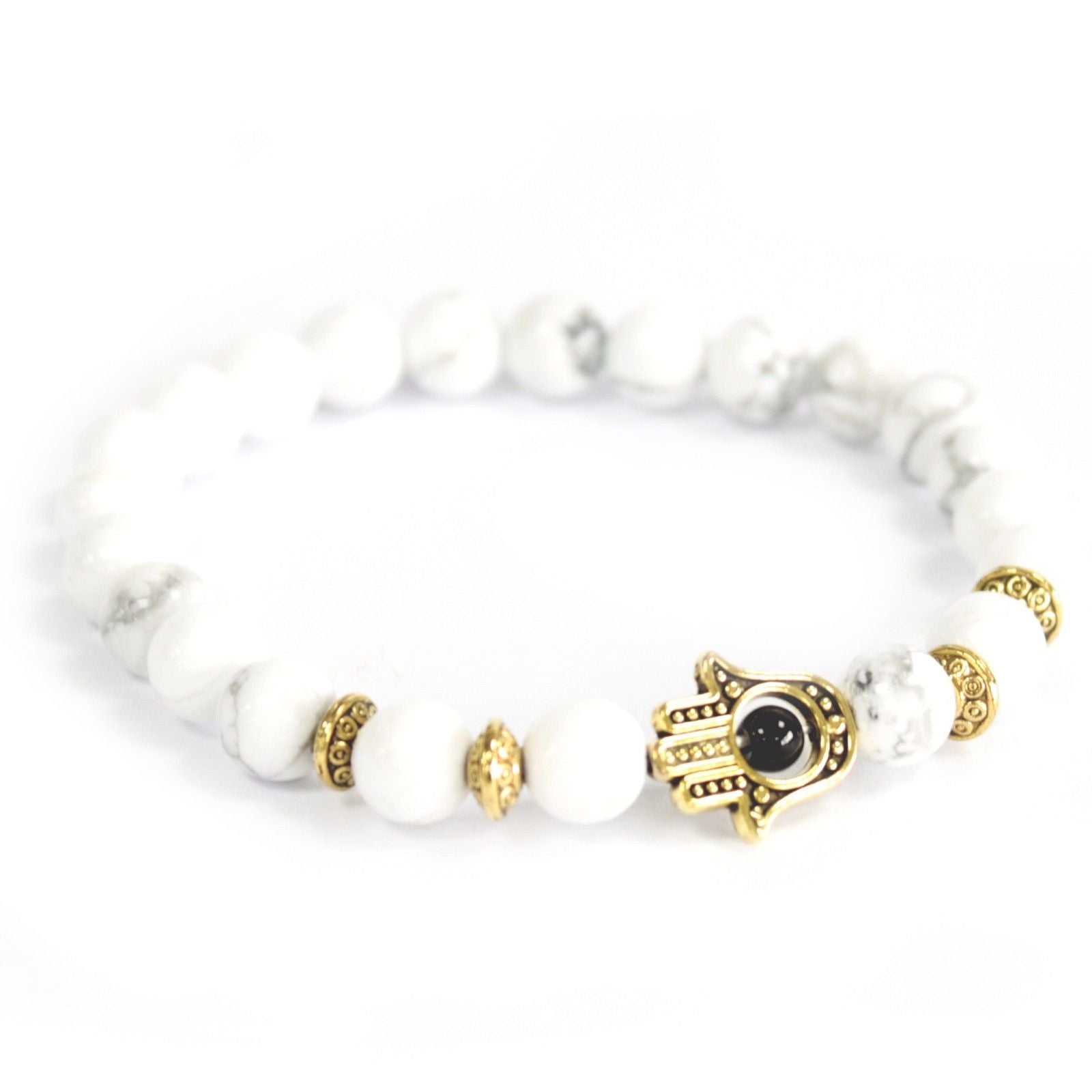 Bracelet Boho Bling – Hamsa Doré sur Pierre Blanche