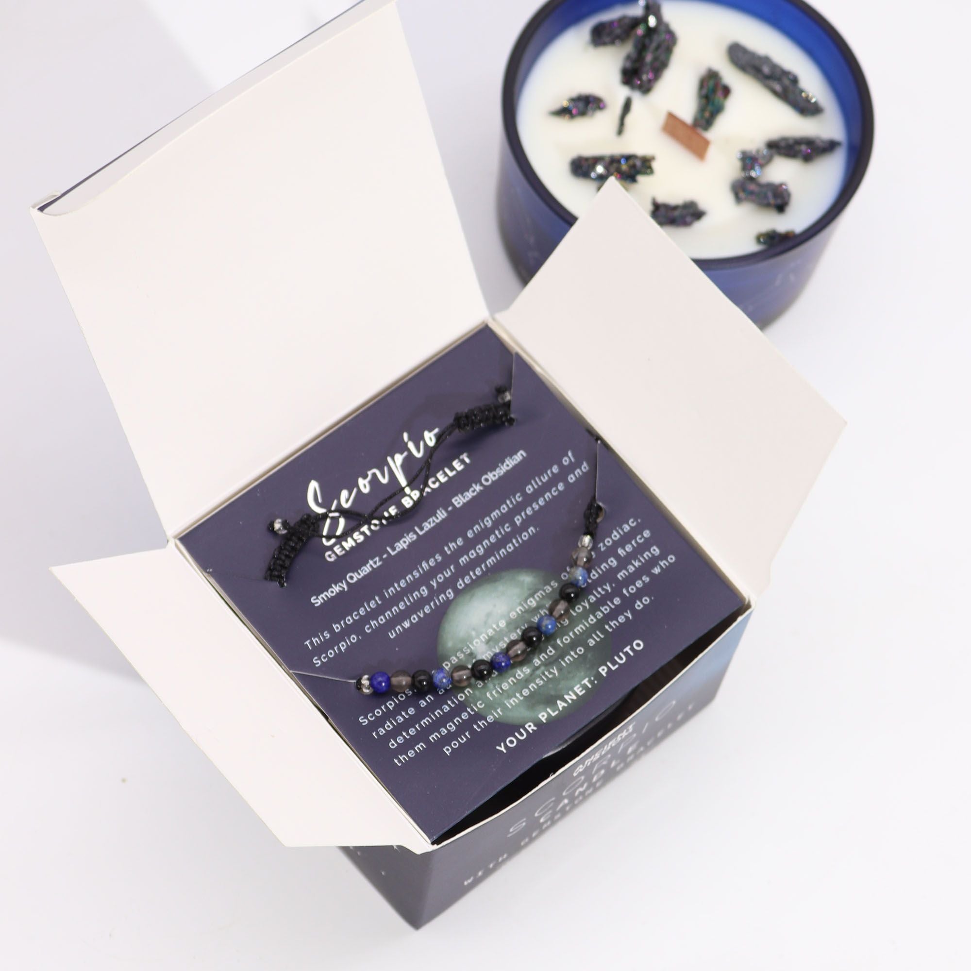 Coffret Zodiaque Scorpion – Bougie Cristal & Bracelet en Pierres – Quartz Fumé, Lapis-Lazuli & Obsidienne Noire