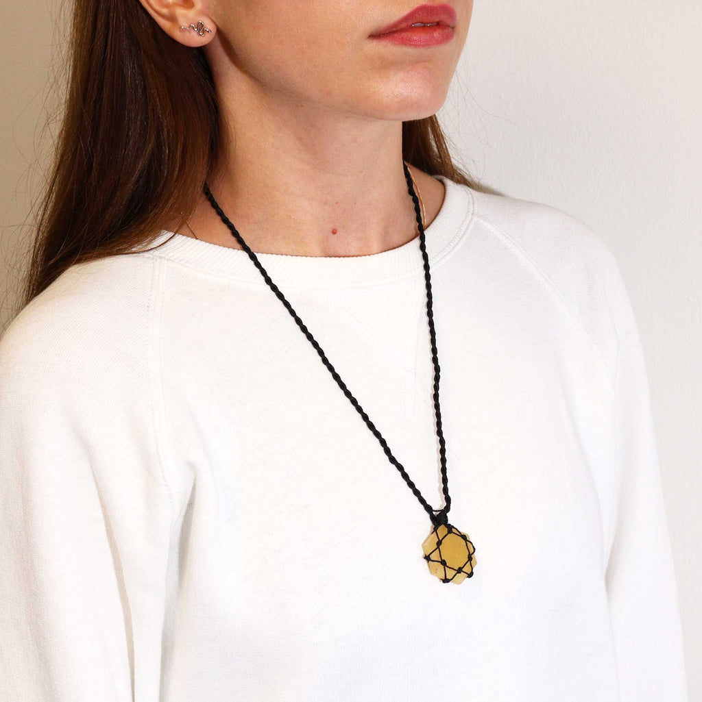 Pendentif Hexagone Macramé – Quartz Jaune (Citrine)