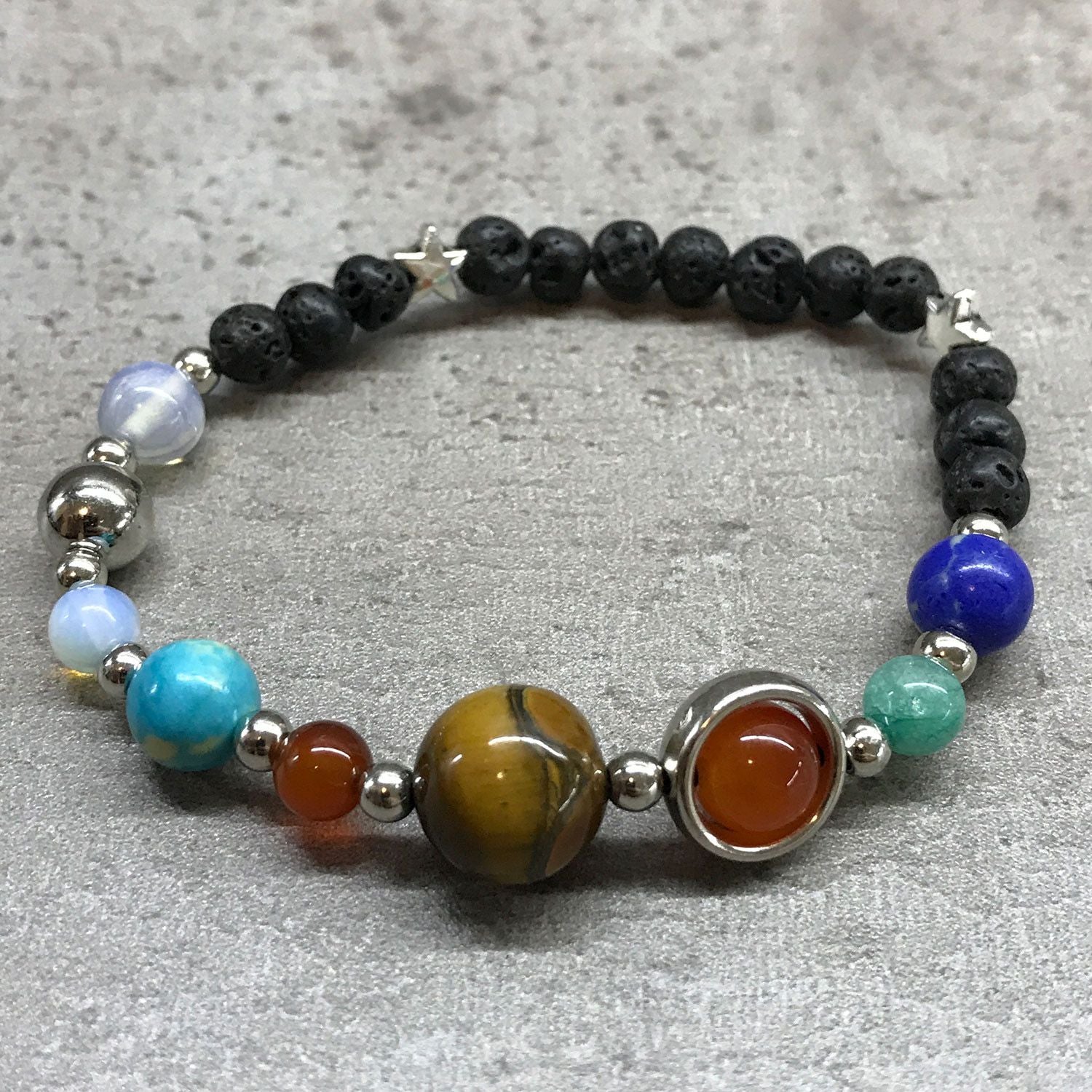 Bracelet en Pierre de Lave – Système Solaire Argenté