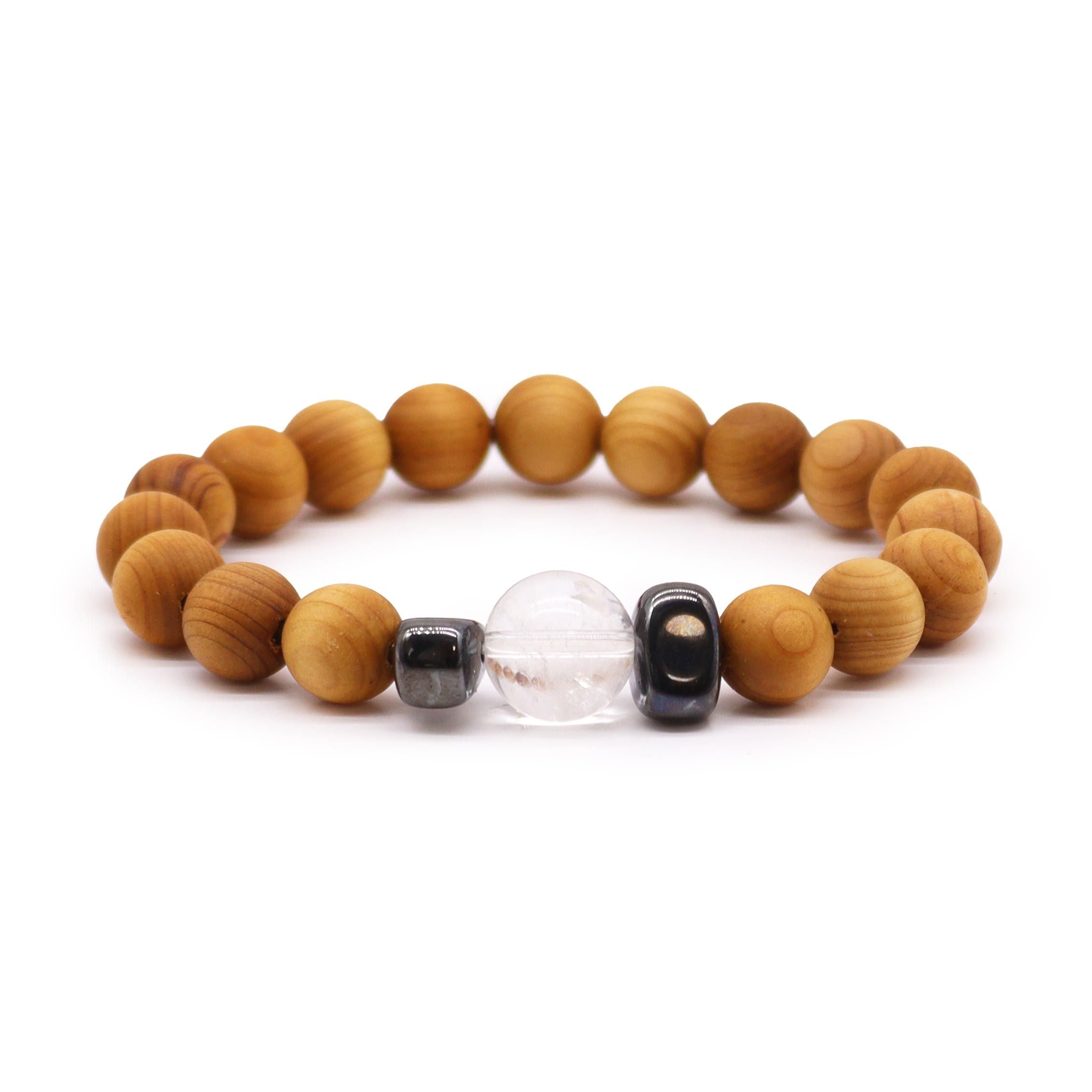 Bracelet Jonc en Bois de Cèdre – Chakra Couronne – Quartz Blanc