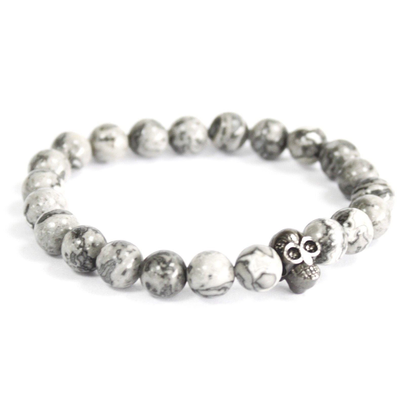 Bracelet Boho Bling – Crâne en Étain sur Agate Grise