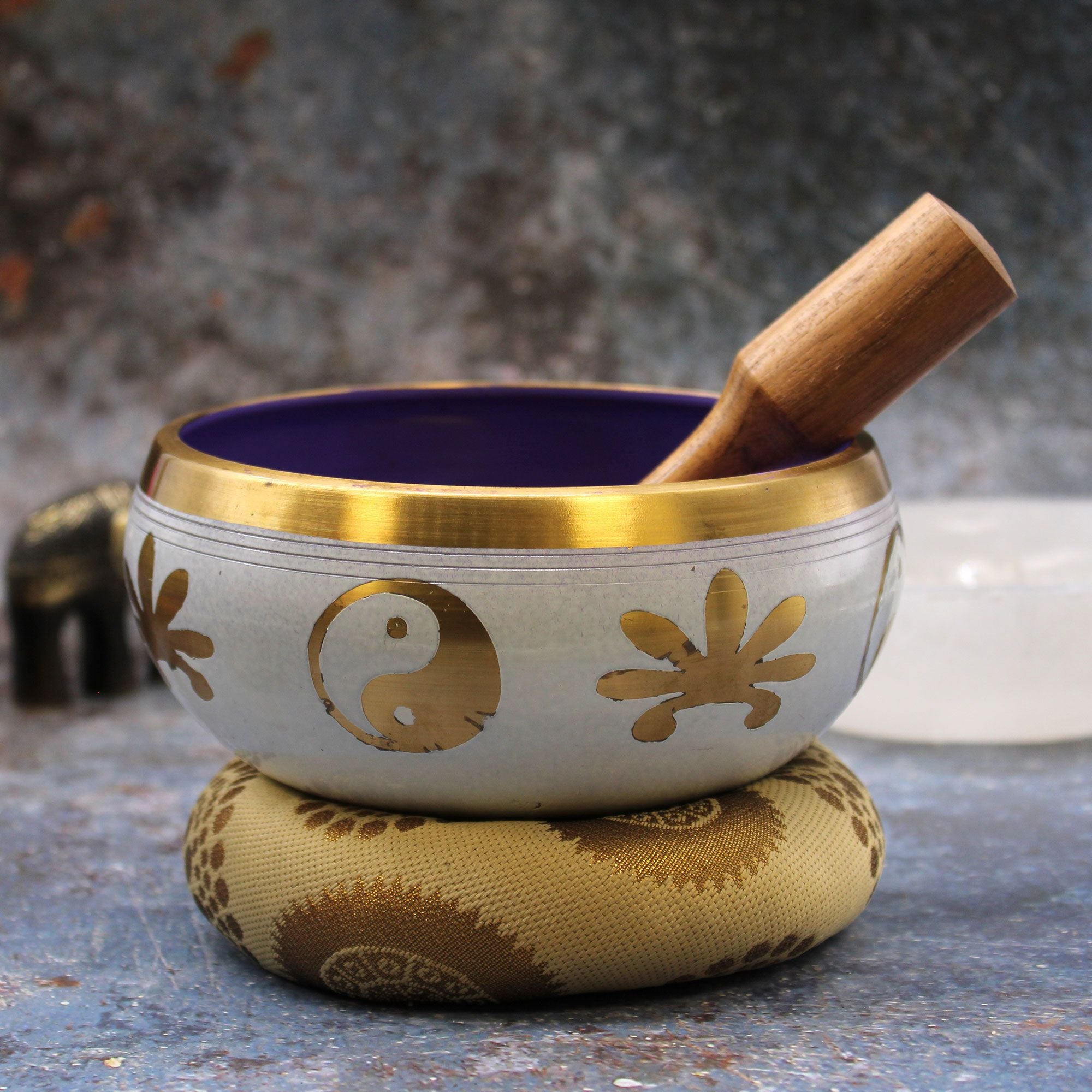 Set Bol Tibétain Coffret – Yin & Yang – Blanc/Violet – 14 cm