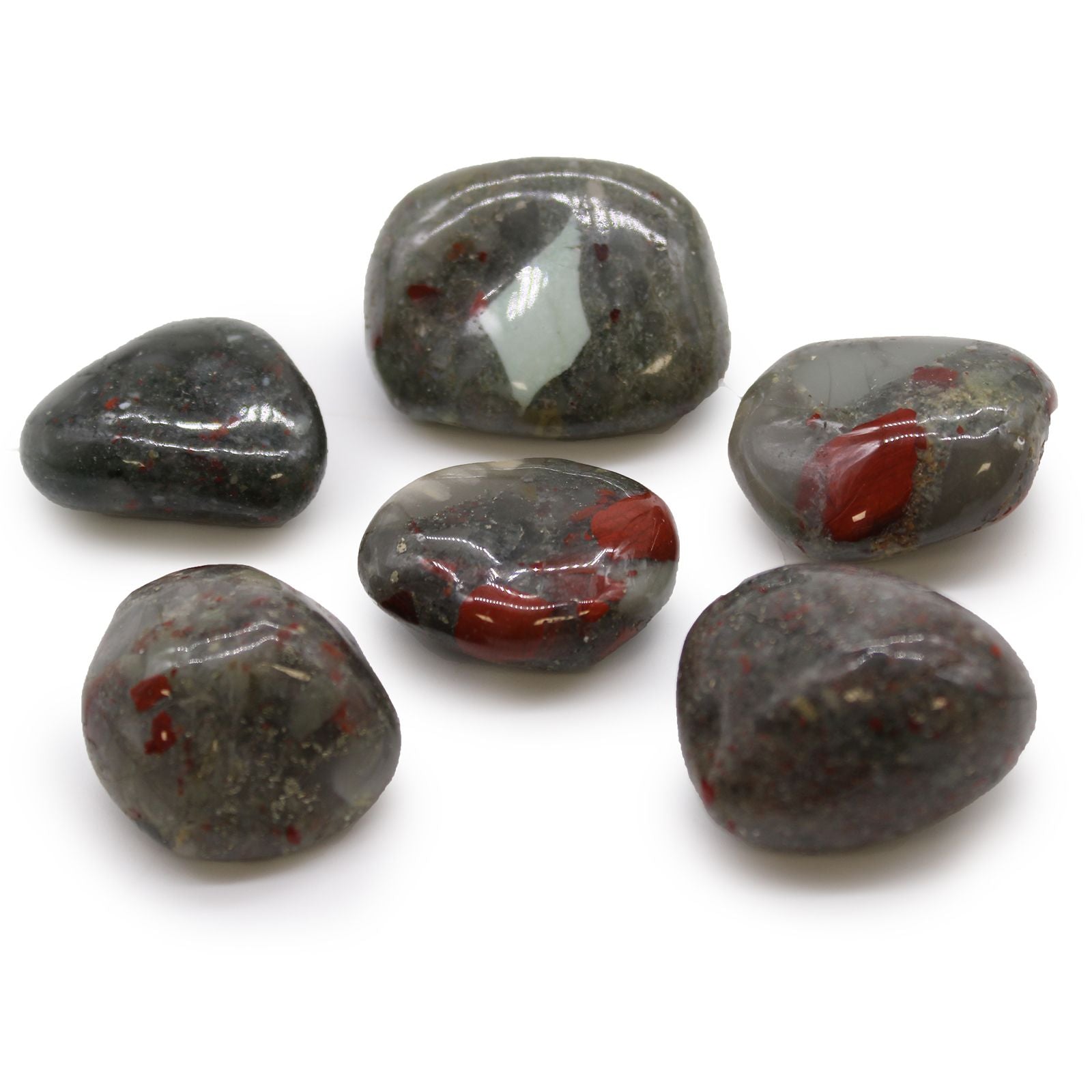 Lot de 6 Grosses Pierres Roulées – Héliotrope/Bloodstone (Afrique)