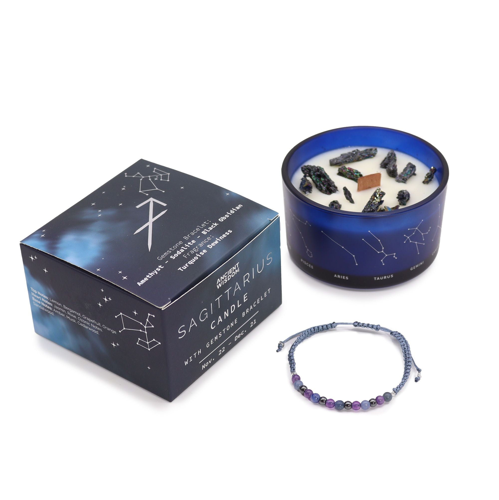 Coffret Zodiaque Sagittaire – Bougie Cristal & Bracelet en Pierres – Améthyste, Sodalite & Obsidienne Noire