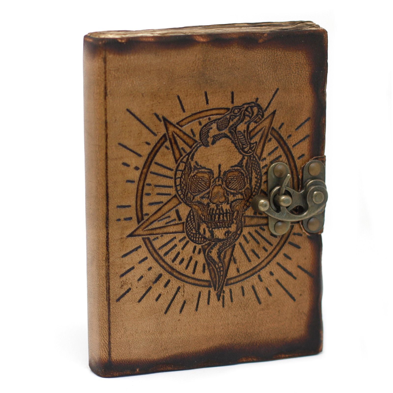 Carnet en Cuir – Pentagone & Crâne avec Brûlures – 18×13 cm