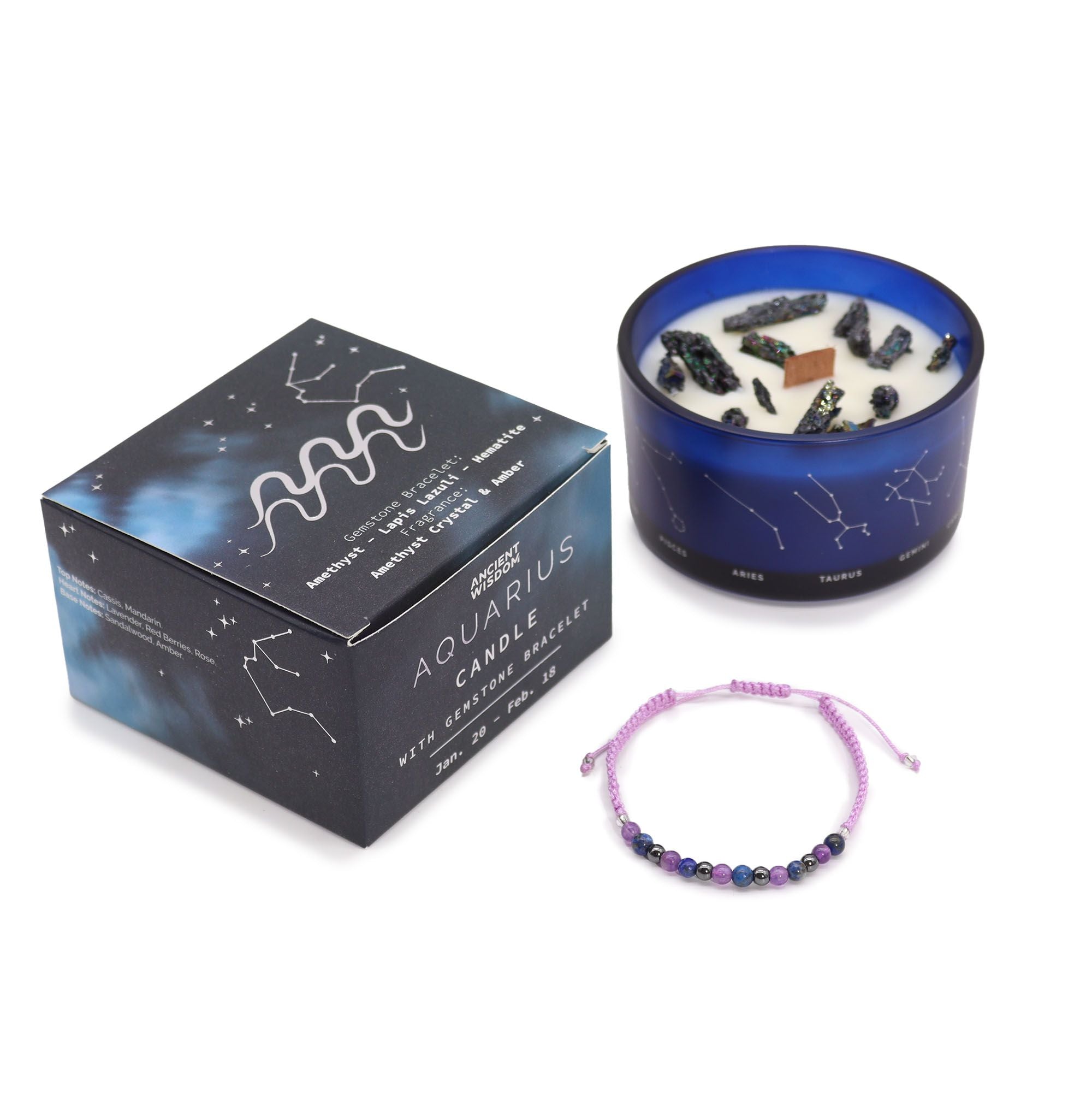 Coffret Zodiaque Verseau – Bougie Cristal & Bracelet en Pierres – Améthyste, Lapis-Lazuli & Hématite