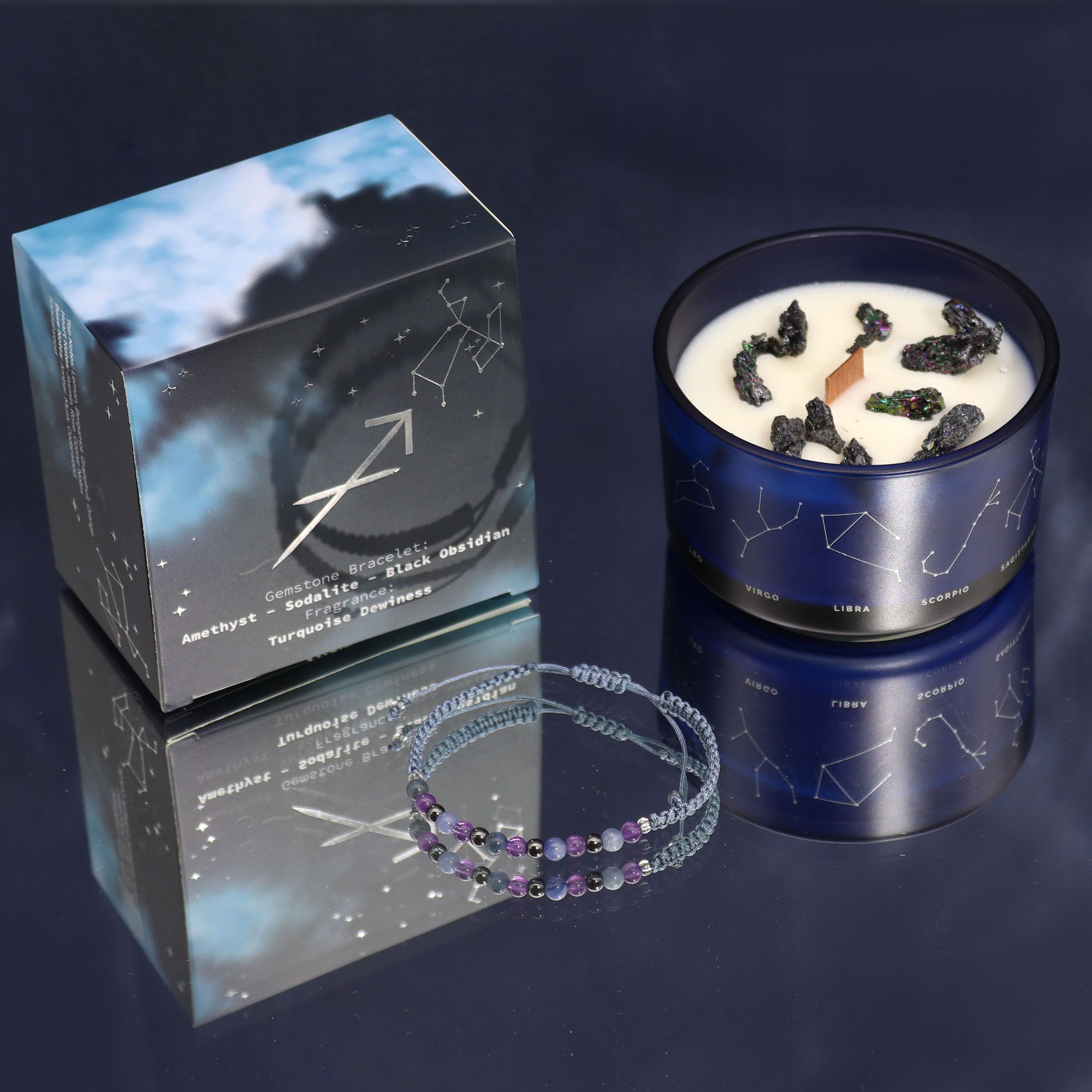 Coffret Zodiaque Sagittaire – Bougie Cristal & Bracelet en Pierres – Améthyste, Sodalite & Obsidienne Noire