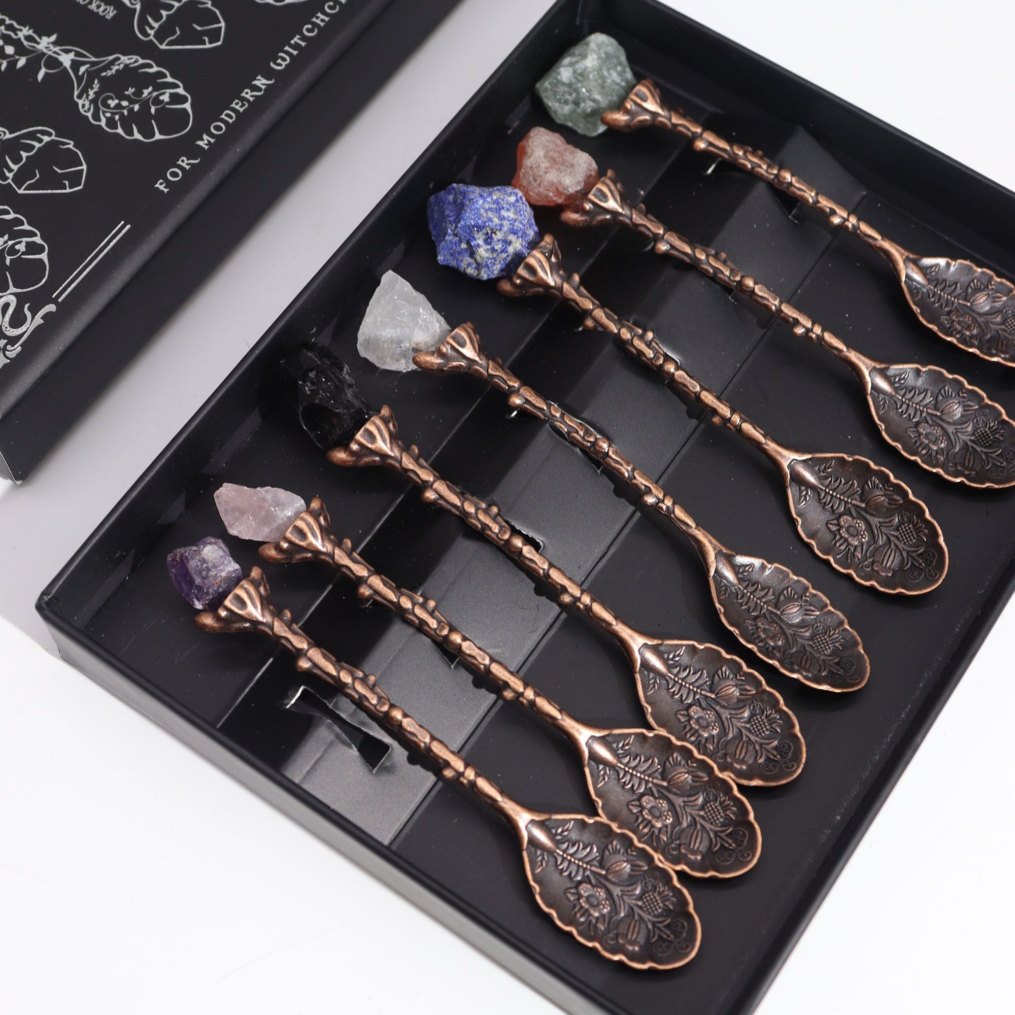 Set de 7 Cuillères Rituelles en Gemme – Finition Bronze