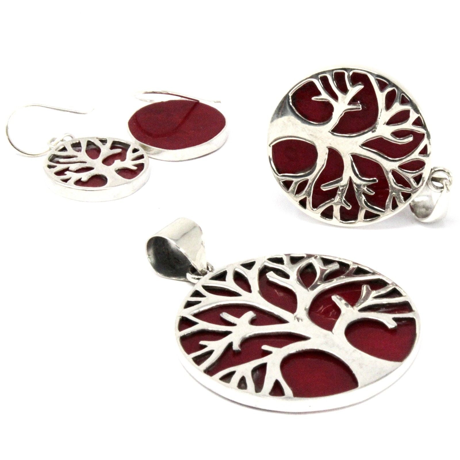 Boucles d'Oreilles Arbre de Vie en Argent 925 – Effet Corail – 15 mm