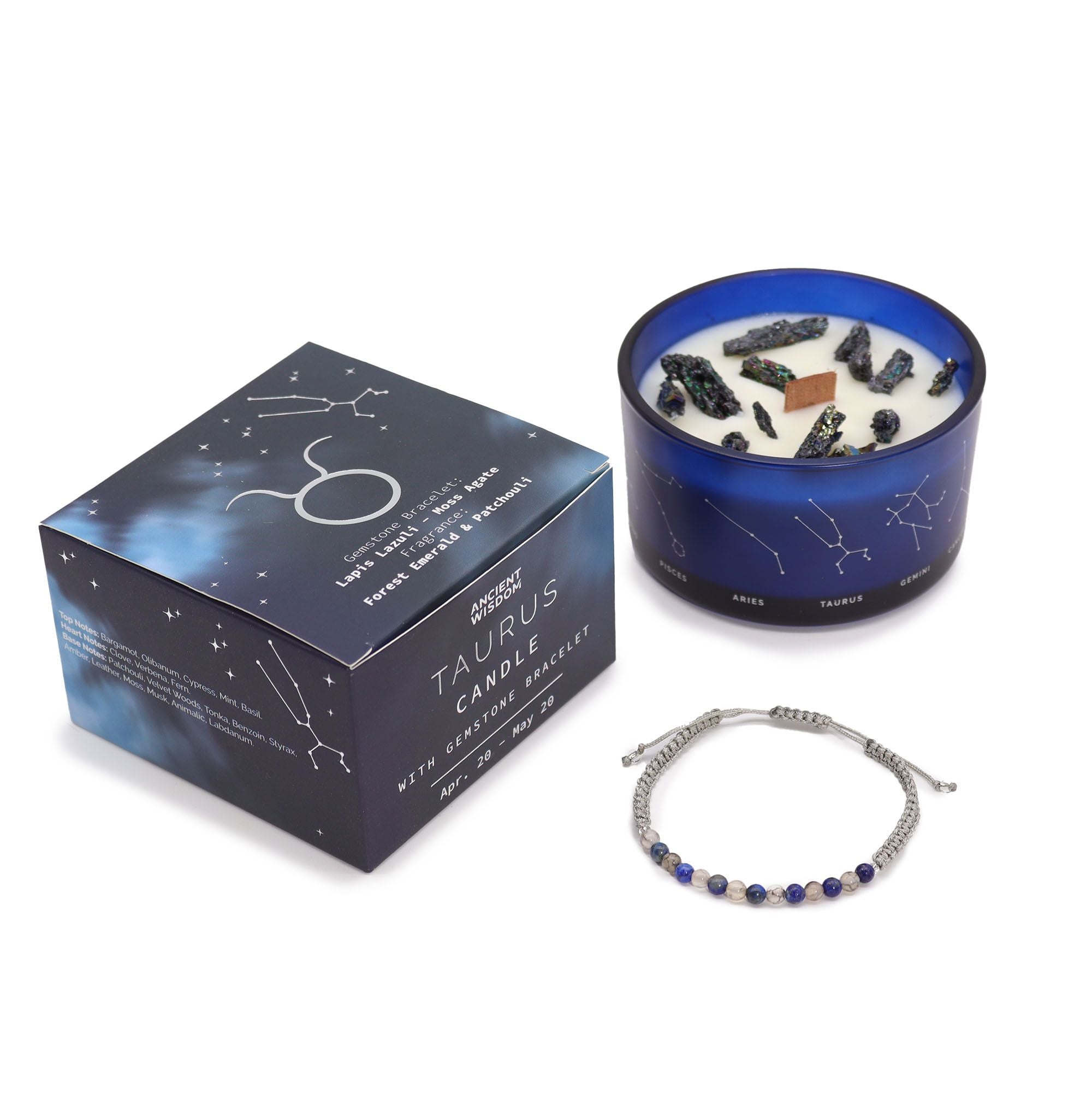 Coffret Zodiaque Taureau – Bougie Cristal & Bracelet en Pierres – Lapis-Lazuli & Agate Mousse