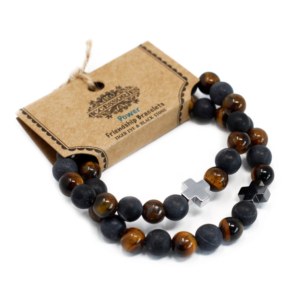 Set de 2 Bracelets de Pouvoir – Œil de Tigre & Pierre Noire
