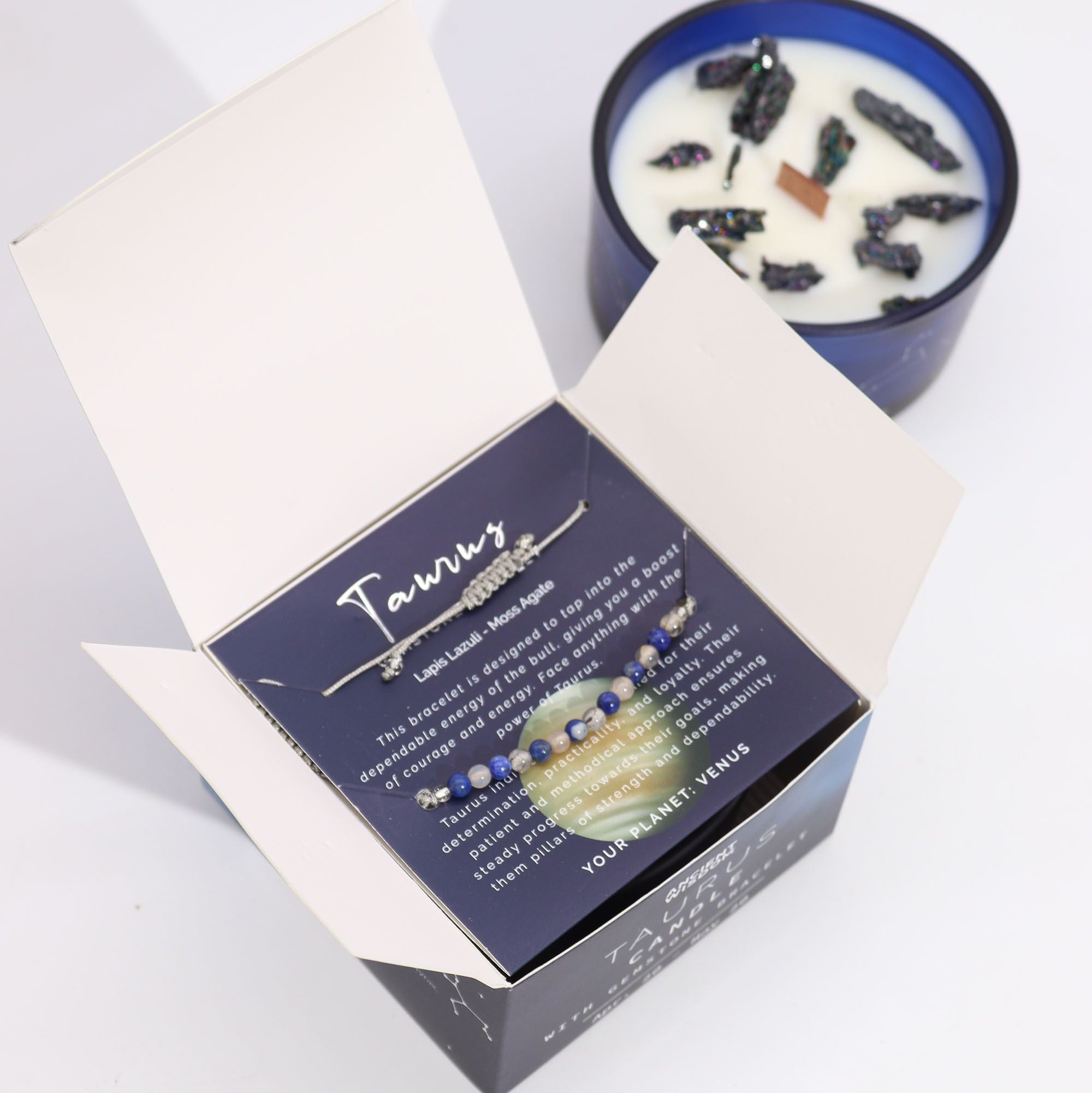 Coffret Zodiaque Taureau – Bougie Cristal & Bracelet en Pierres – Lapis-Lazuli & Agate Mousse