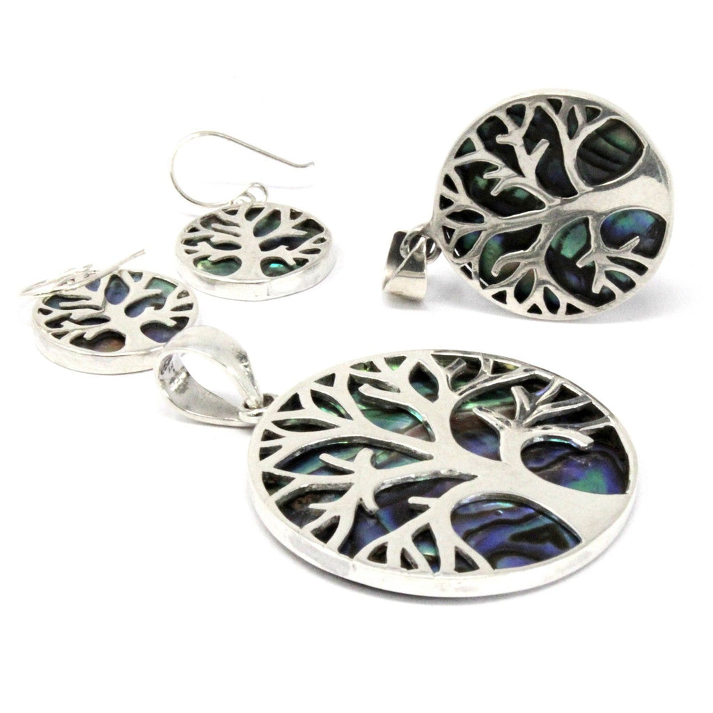 Boucles d'Oreilles Arbre de Vie en Argent 925 – Nacre Abalone – 15 mm