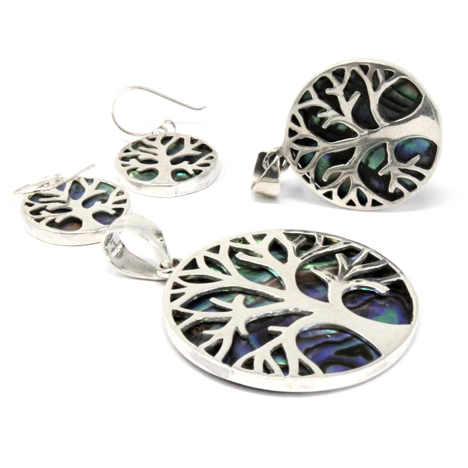 Boucles d'Oreilles Arbre de Vie en Argent 925 – Nacre Abalone – 15 mm
