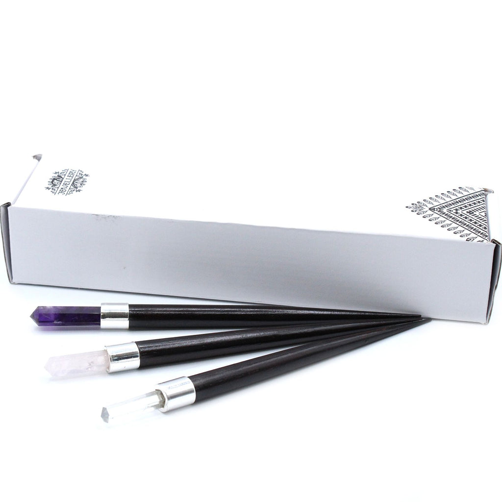 Baguette de Soin Trois Pierres – Quartz Rose, Cristal de Roche, Améthyste