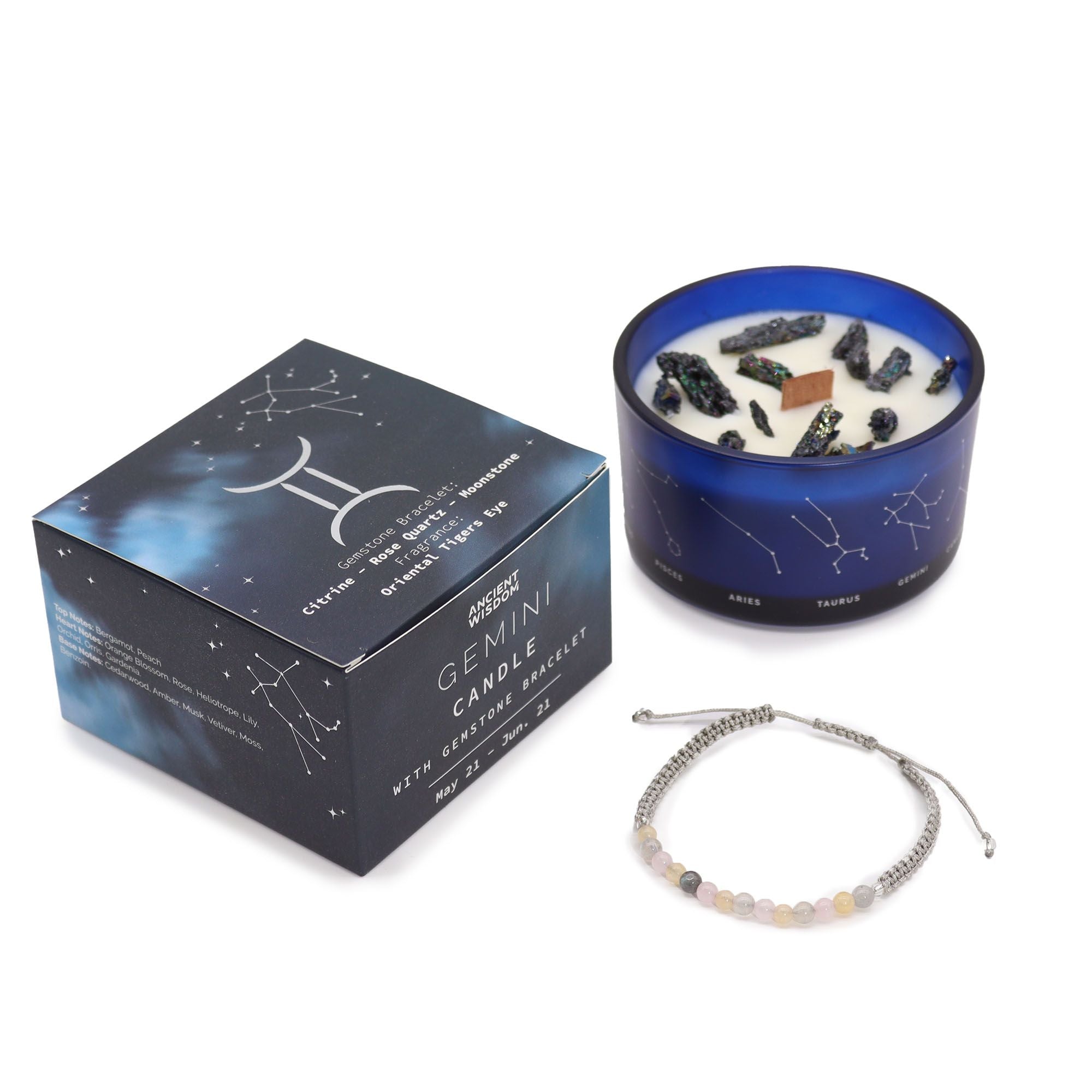 Coffret Zodiaque Gémeaux – Bougie Cristal & Bracelet en Pierres – Citrine, Quartz Rose & Pierre de Lune