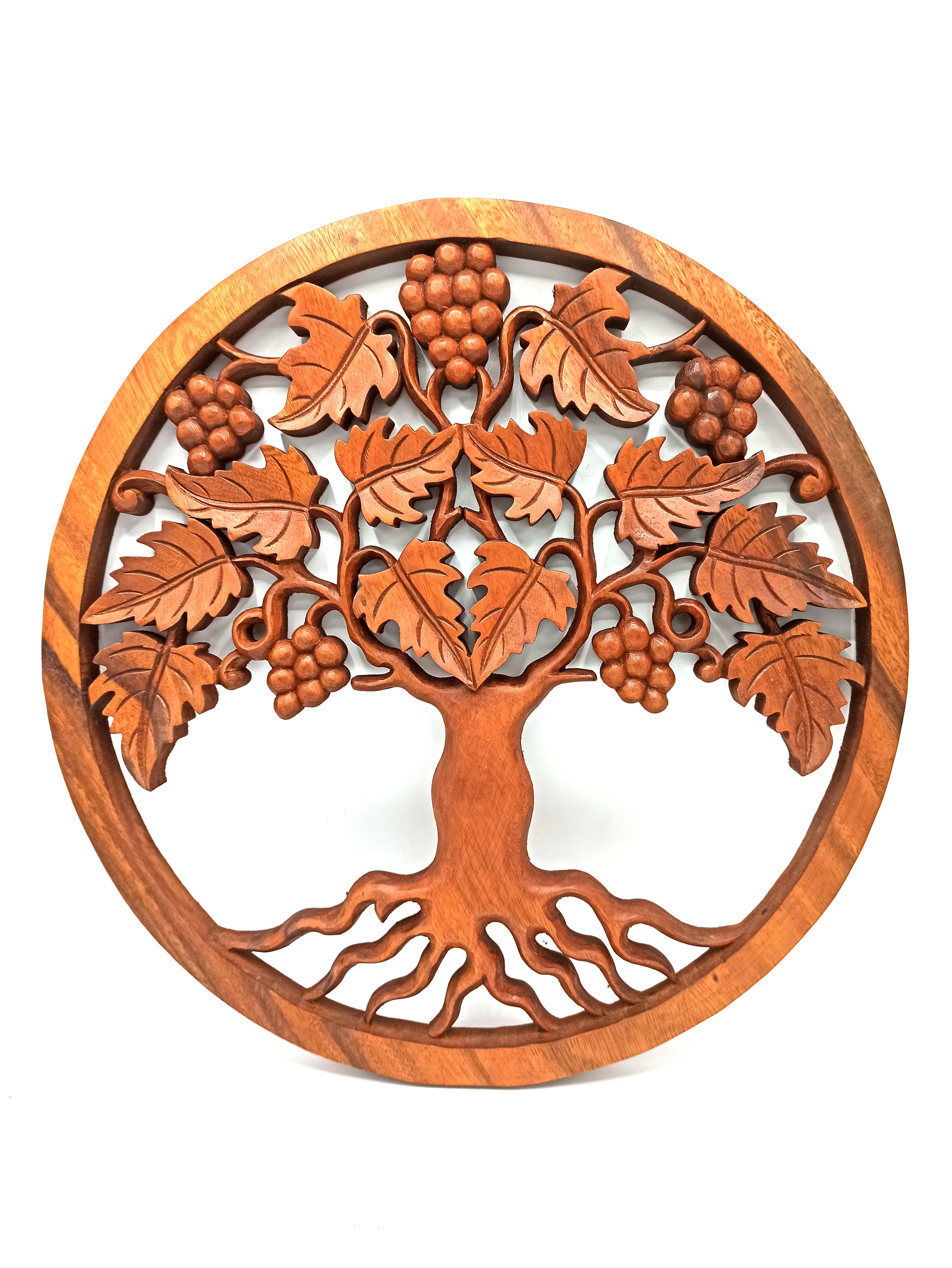 Panneau Mural Bois Sculpté – Arbre de Vie & Raisin – 40 cm