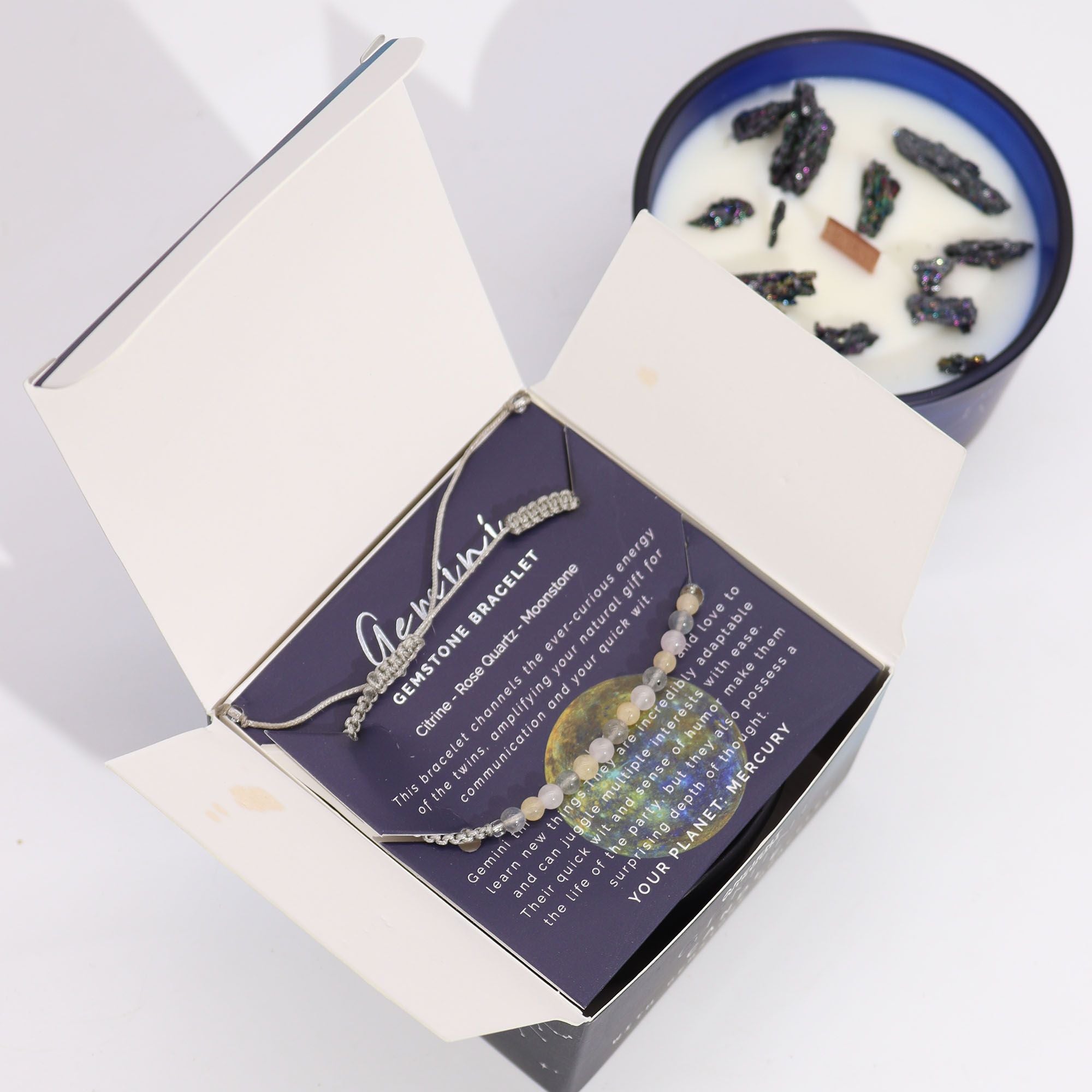 Coffret Zodiaque Gémeaux – Bougie Cristal & Bracelet en Pierres – Citrine, Quartz Rose & Pierre de Lune