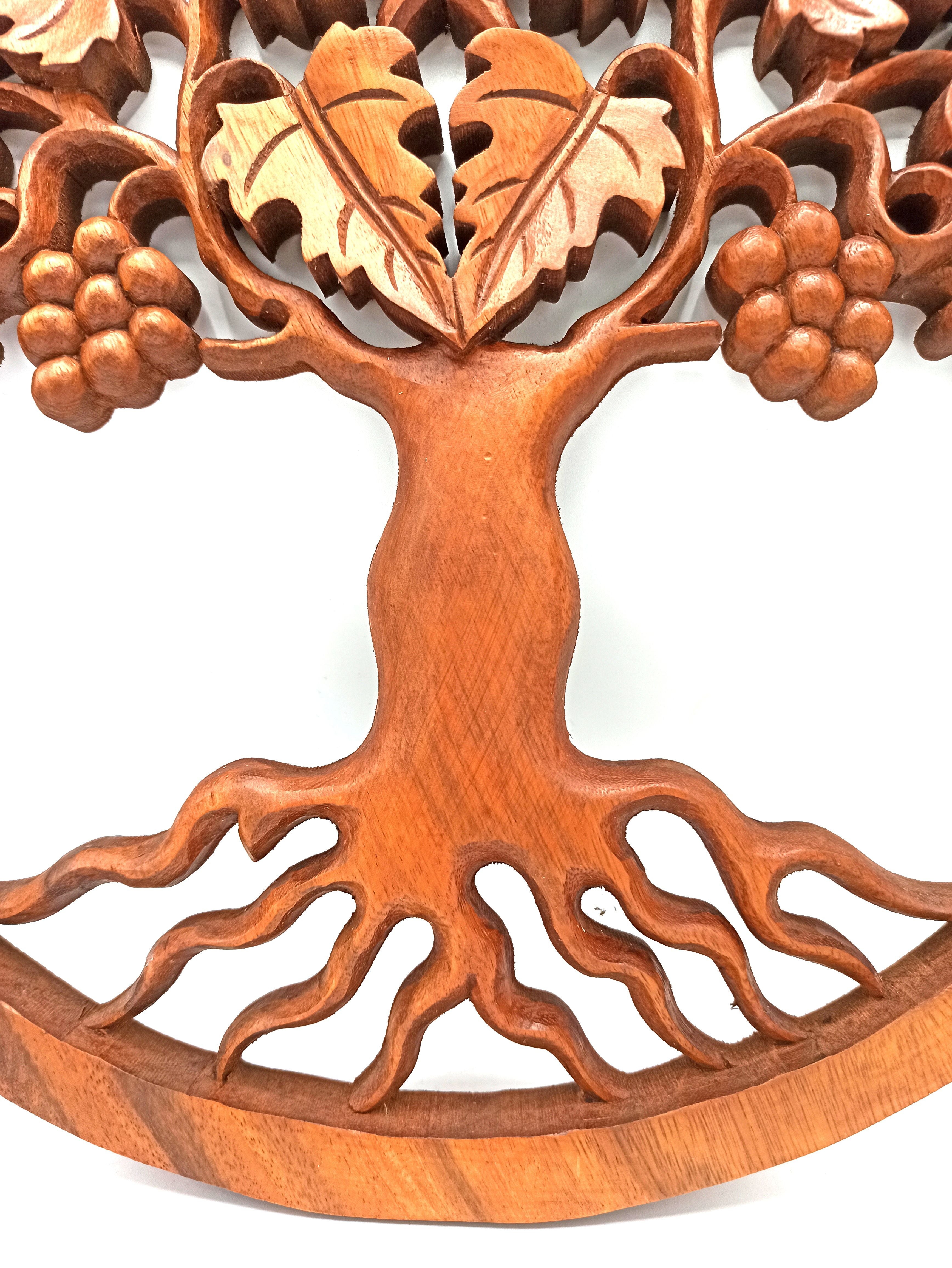 Panneau Mural Bois Sculpté – Arbre de Vie & Raisin – 40 cm