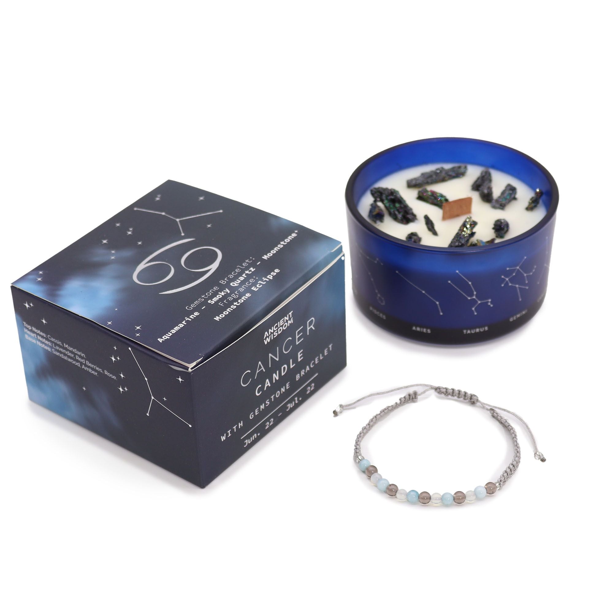 Coffret Zodiaque Cancer – Bougie Cristal & Bracelet en Pierres – Aigue-Marine, Quartz Fumé & Pierre de Lune
