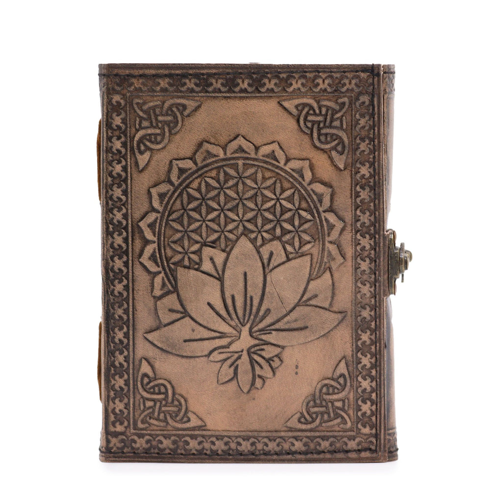 Carnet Ésotérique en Cuir – Mandala Lotus – Gris Antique – 200 pages