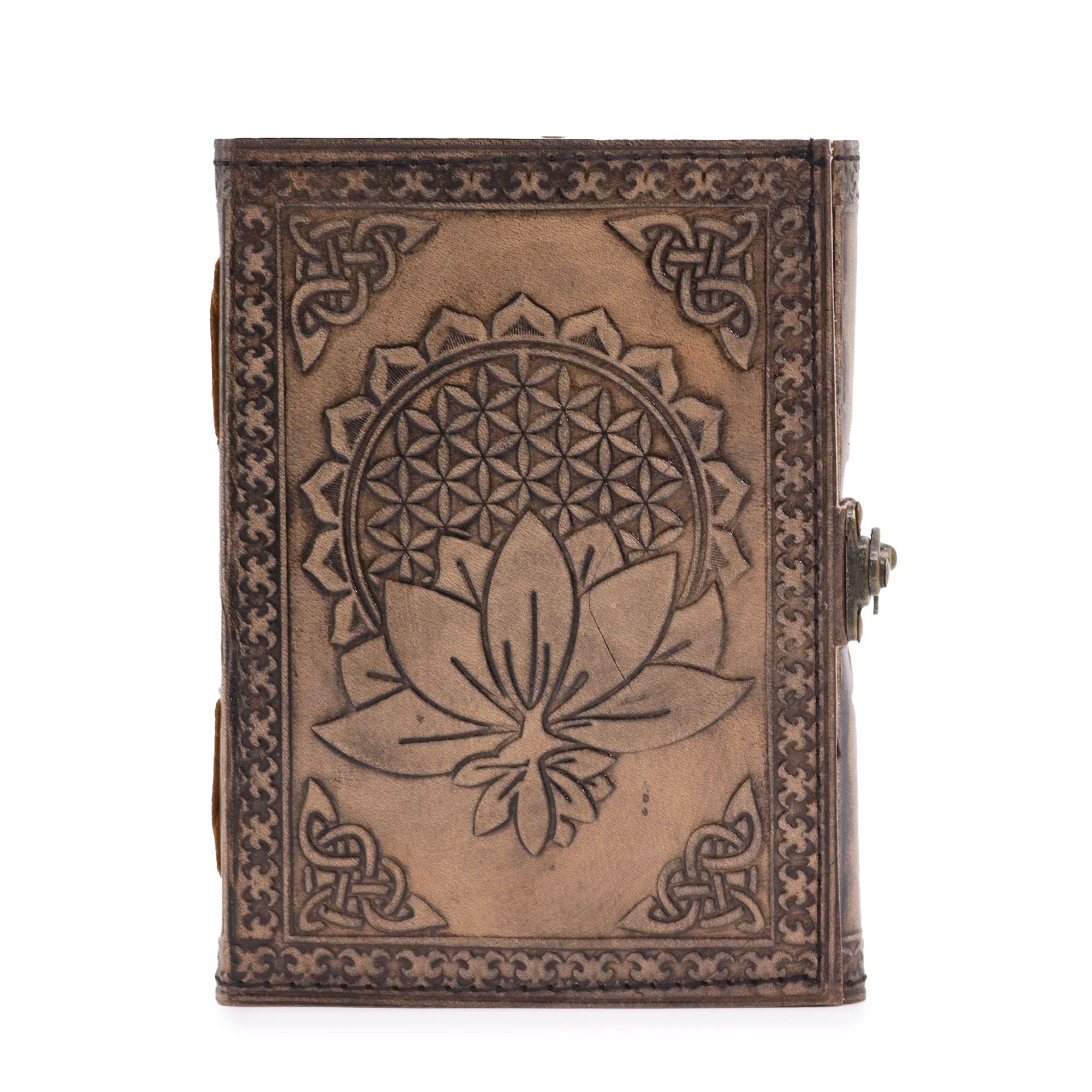 Carnet Ésotérique en Cuir – Mandala Lotus – Gris Antique – 200 pages
