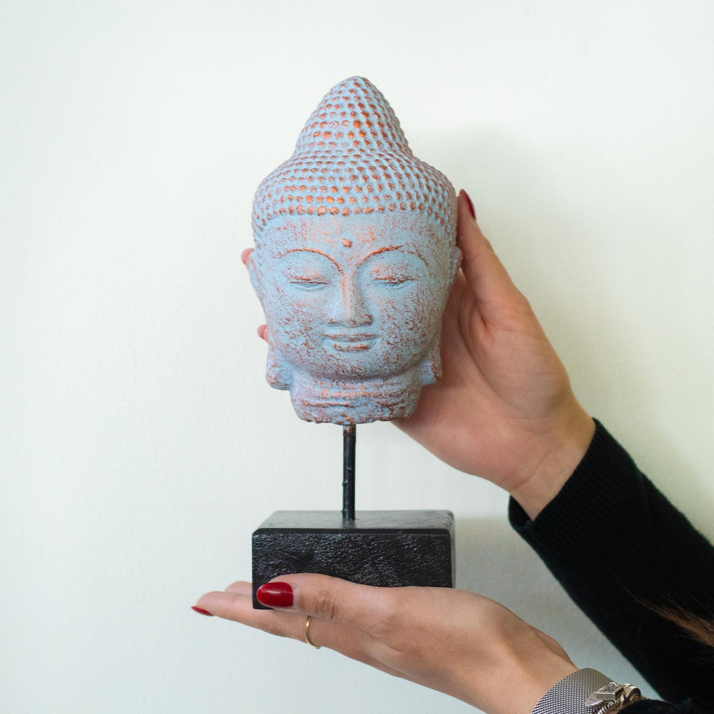 Tête de Bouddha Quiétude sur Support – Bleu Cuivré