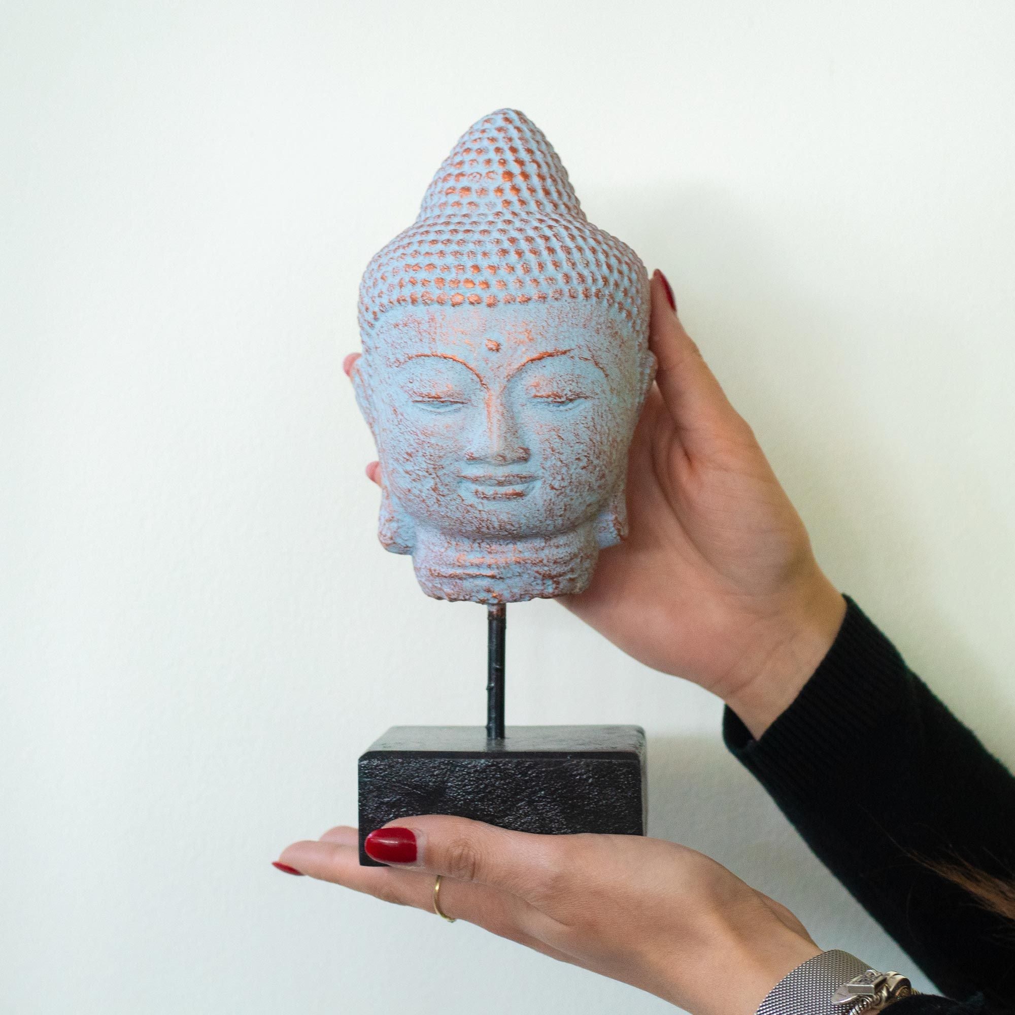 Tête de Bouddha Quiétude sur Support – Bleu Cuivré