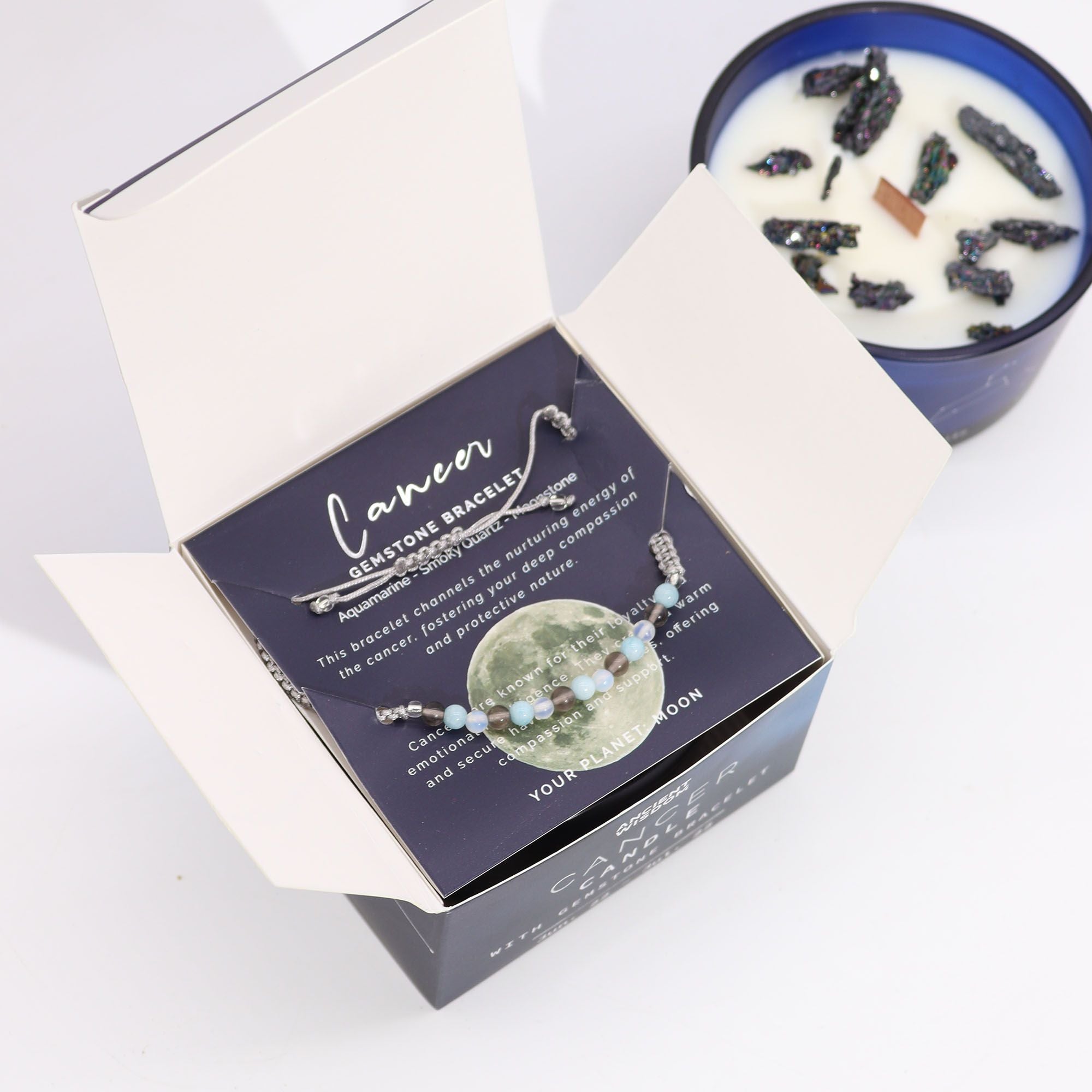 Coffret Zodiaque Cancer – Bougie Cristal & Bracelet en Pierres – Aigue-Marine, Quartz Fumé & Pierre de Lune