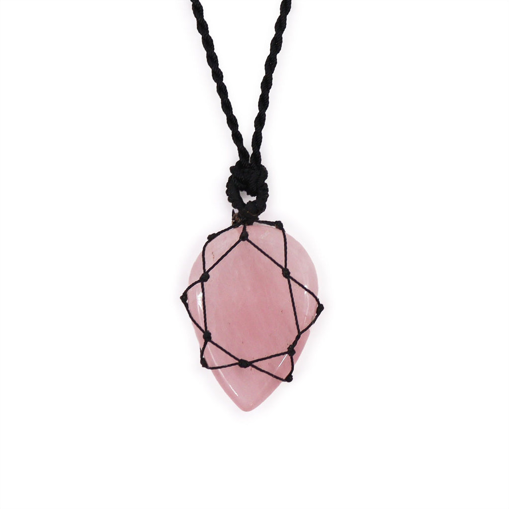 Pendentif Goutte Macramé – Quartz Rose
