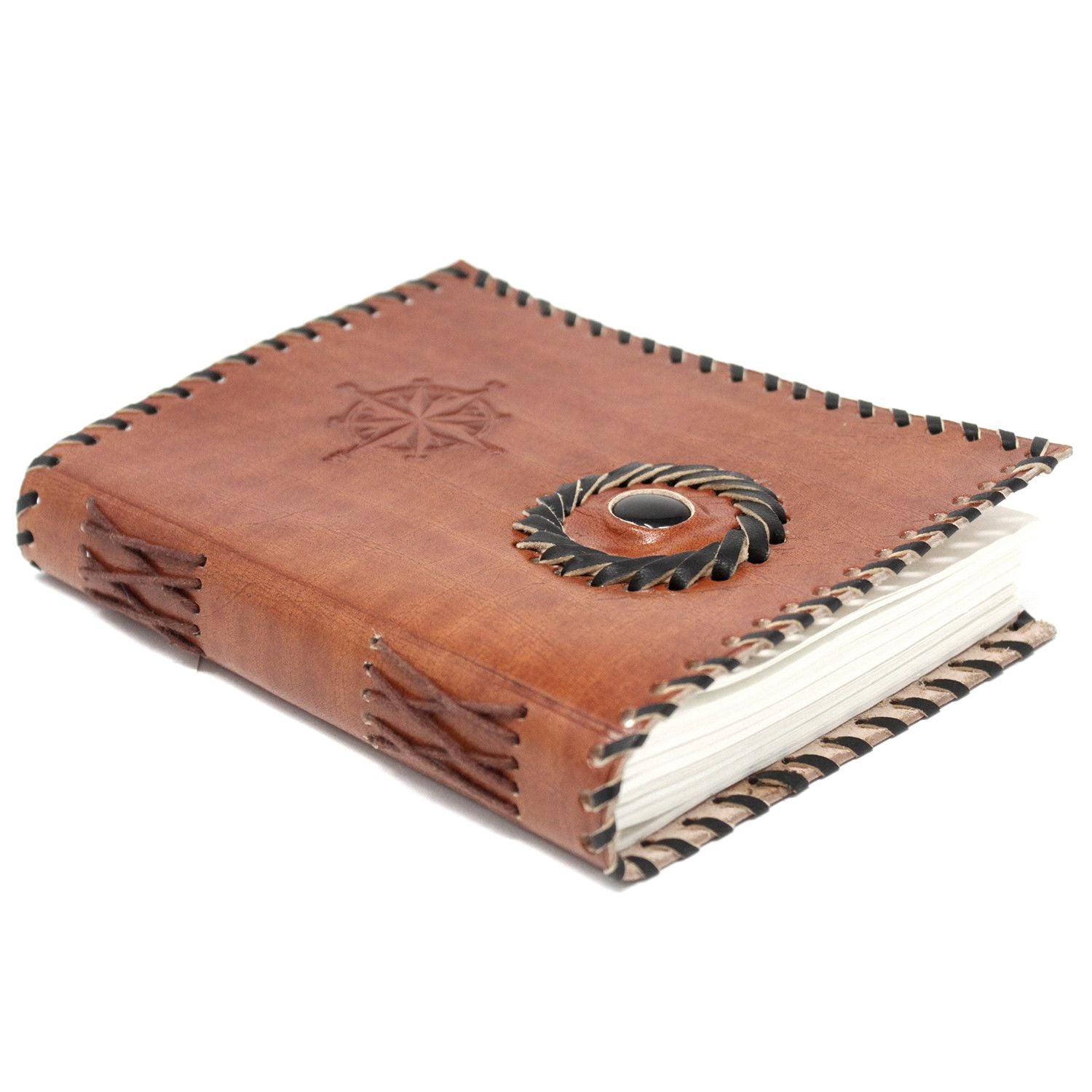 Carnet en Cuir – Onyx Noir & Compas – 17×12 cm
