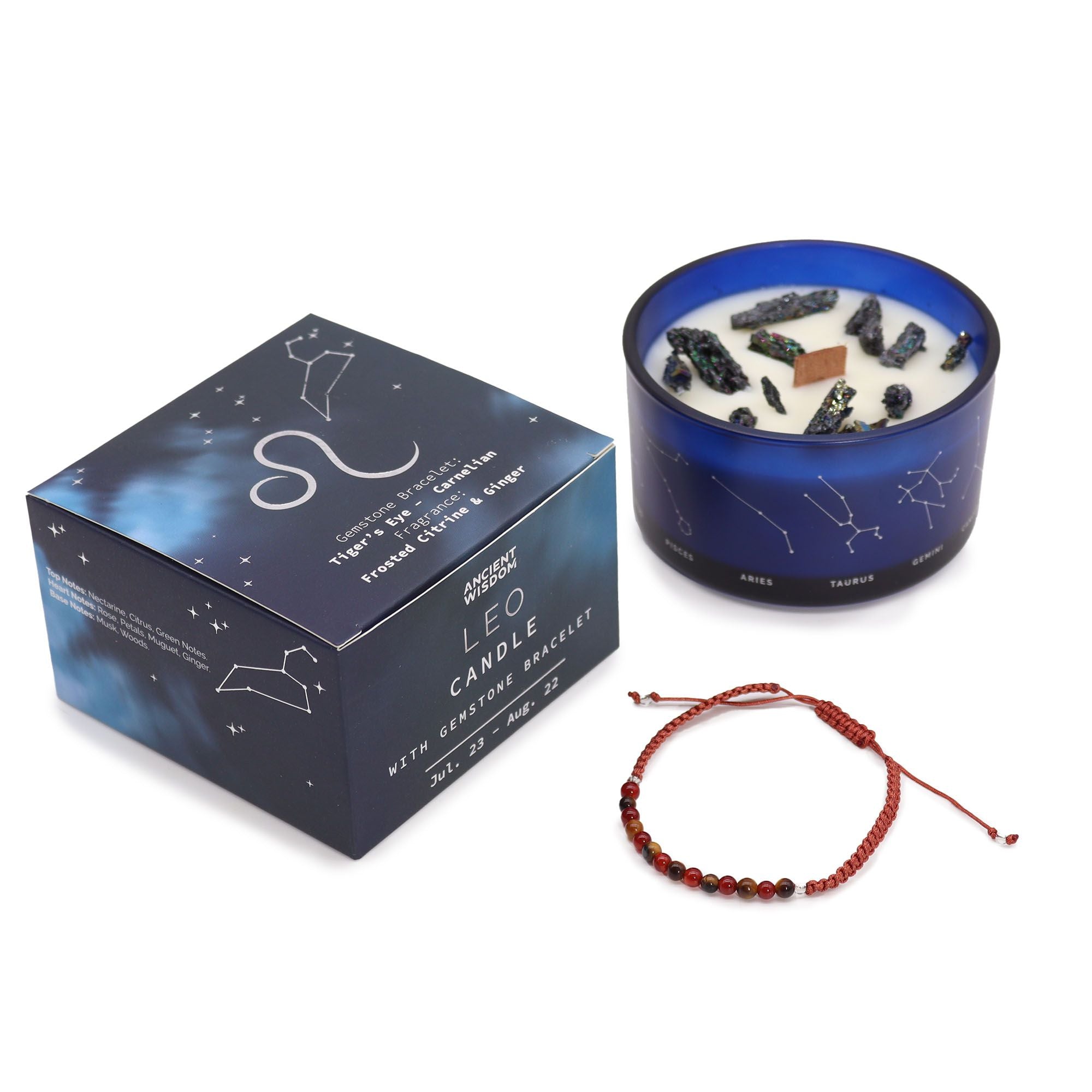 Coffret Zodiaque Lion - Bougie Cristal & Bracelet en Pierres – Œil de Tigre & Cornaline
