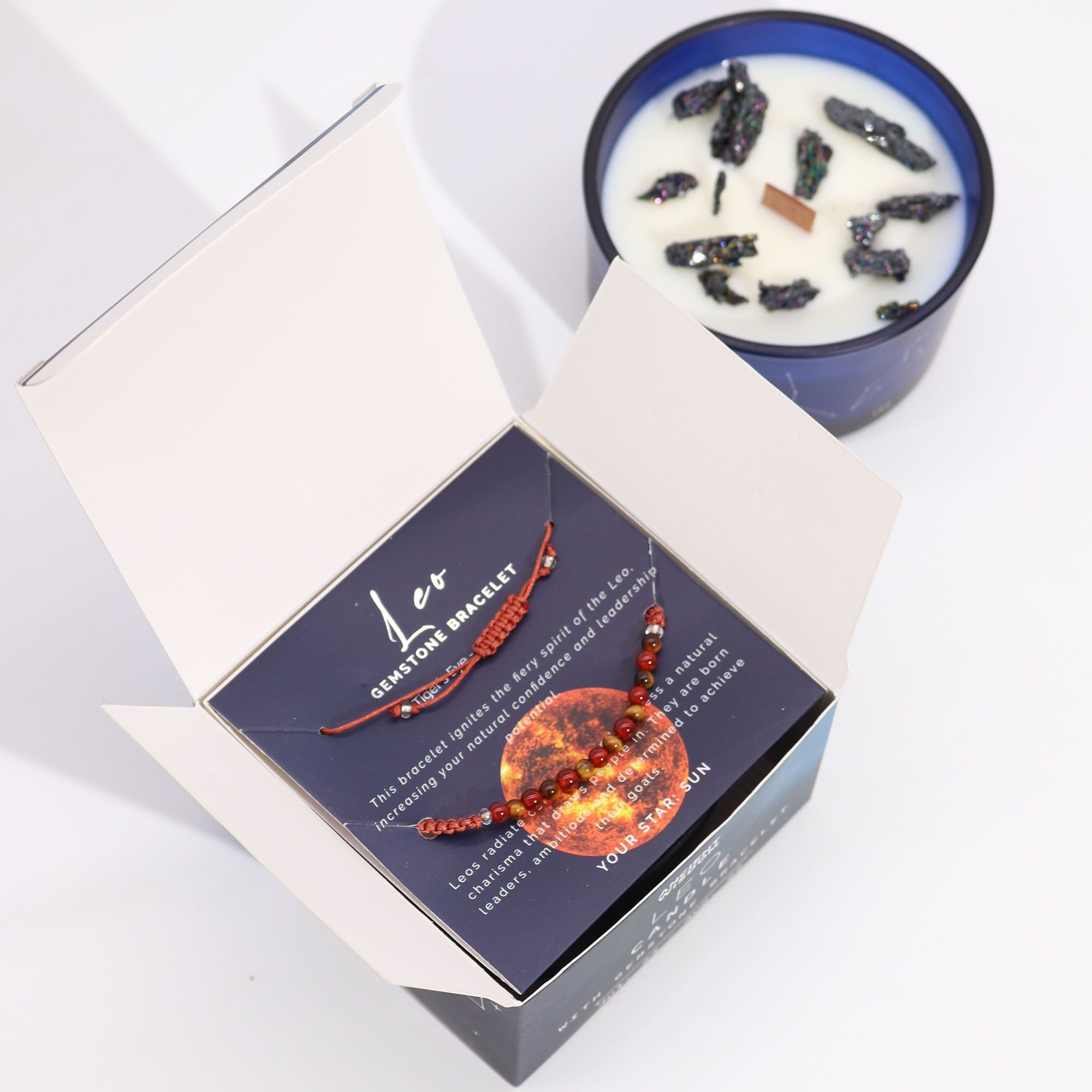 Coffret Zodiaque Lion - Bougie Cristal & Bracelet en Pierres – Œil de Tigre & Cornaline