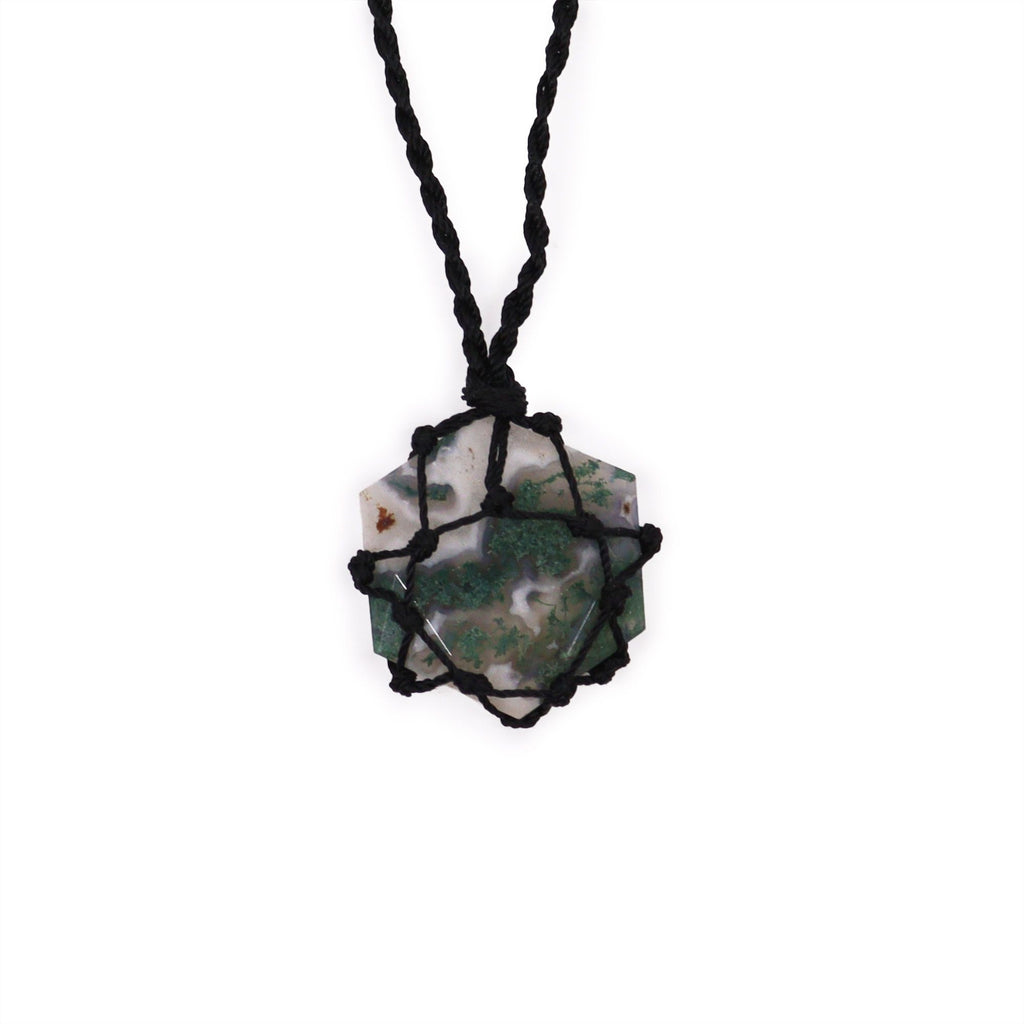 Pendentif Hexagone Macramé – Agate Mousse