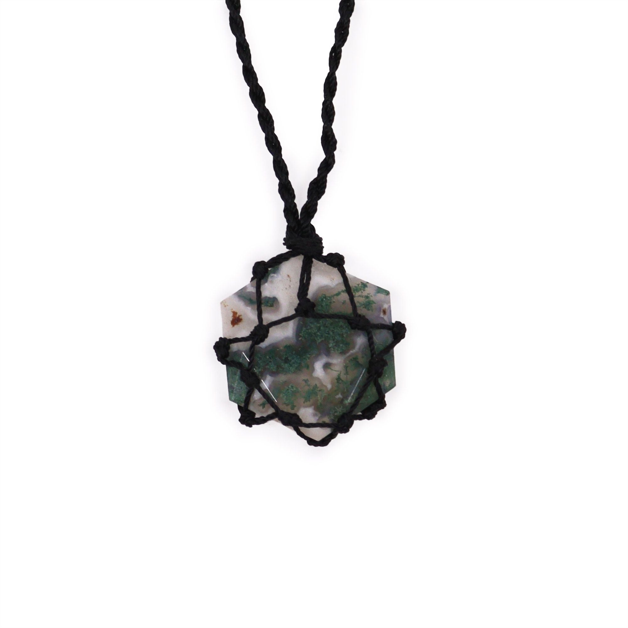 Pendentif Hexagone Macramé – Agate Mousse
