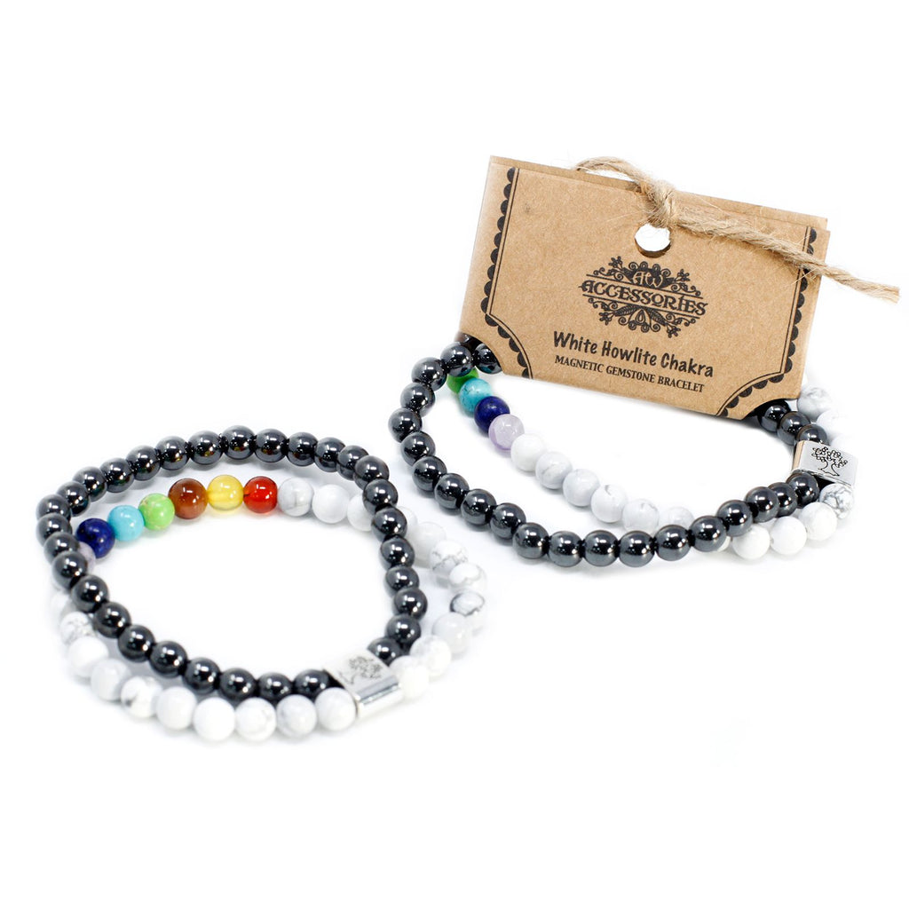Bracelet Magnétique en Gemmes – Howlite Blanche & Chakras