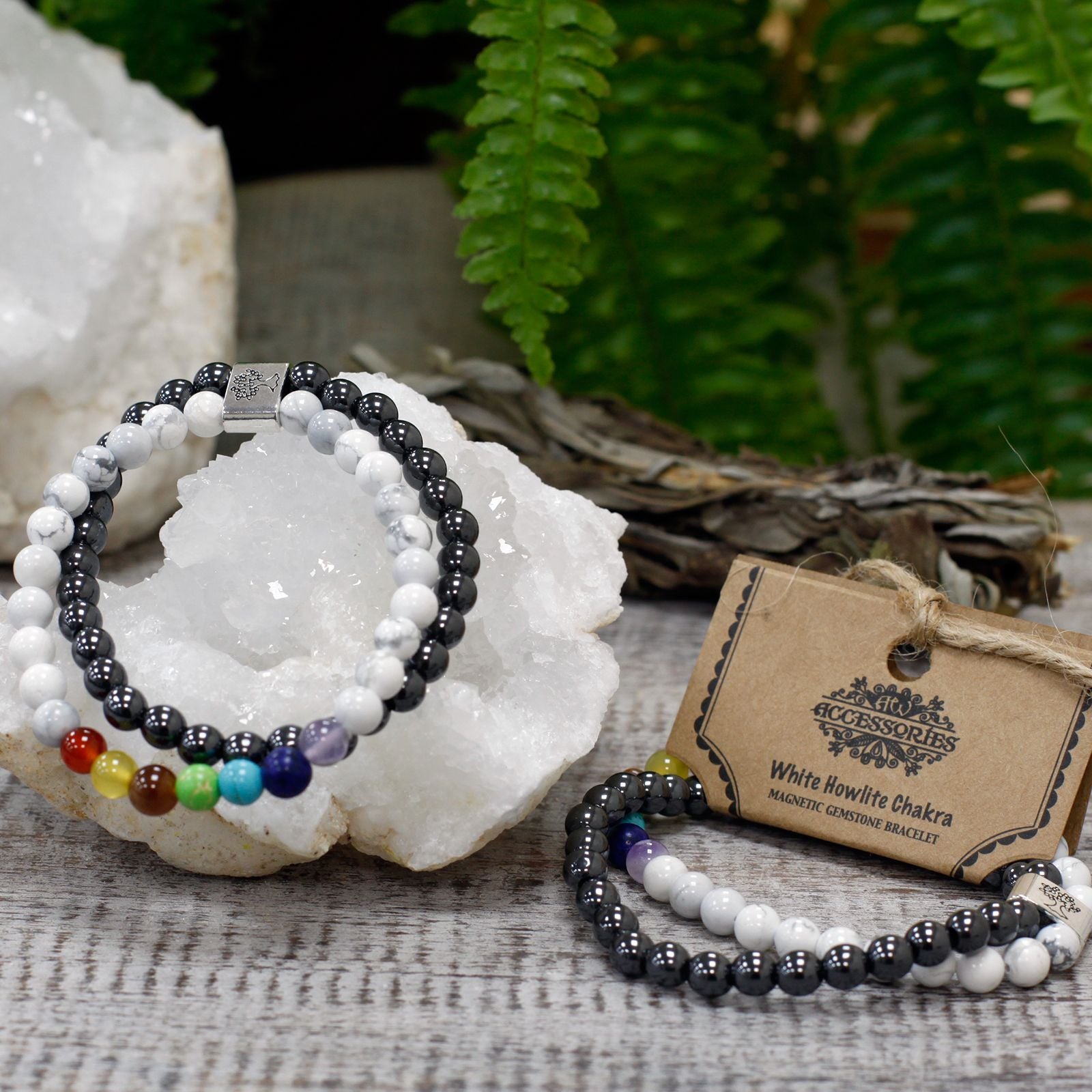 Bracelet Magnétique en Gemmes – Howlite Blanche & Chakras